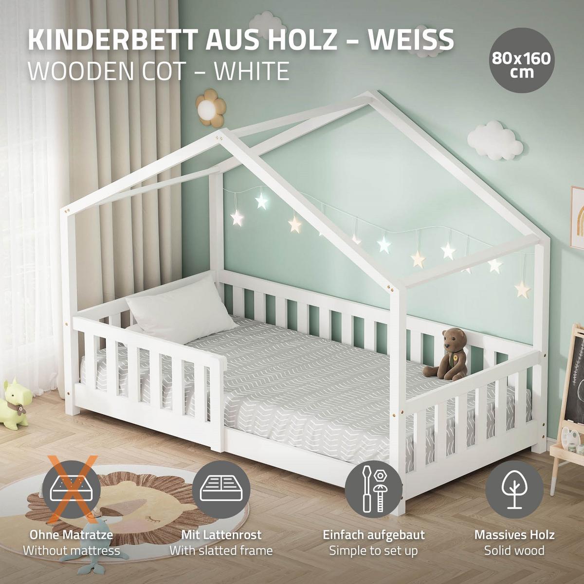 HAUSBETT 80x160 cm Weiß aus Kiefernholz mit Rausfallschutz - Weiß, Holz (80/160cm) - ML-DESIGN