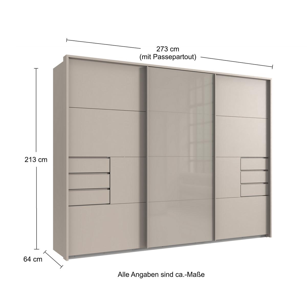 SCHWEBETÜRENSCHRANK 3-türig B273/H213/T64 cm, Beige Grau/ Mitteltür Glas, Passepartout-Kleiderschrank mit Schubladen & Vollausstattung, / 22622 - Beige, Holzwerkstoff/Metall (273/213/64cm) - luma-home
