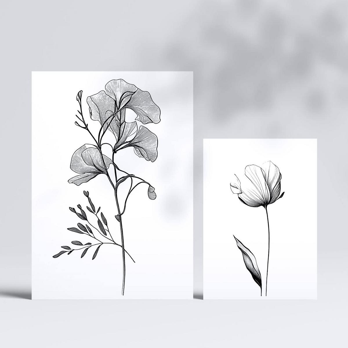 POSTER Set Mit 6 Üppige Blumen Blumenmotiven In Klassischem Schwarz Und Weiß A3 & A4 Rahmenlos - Klar, Papier (29/3cm) - Nacnic