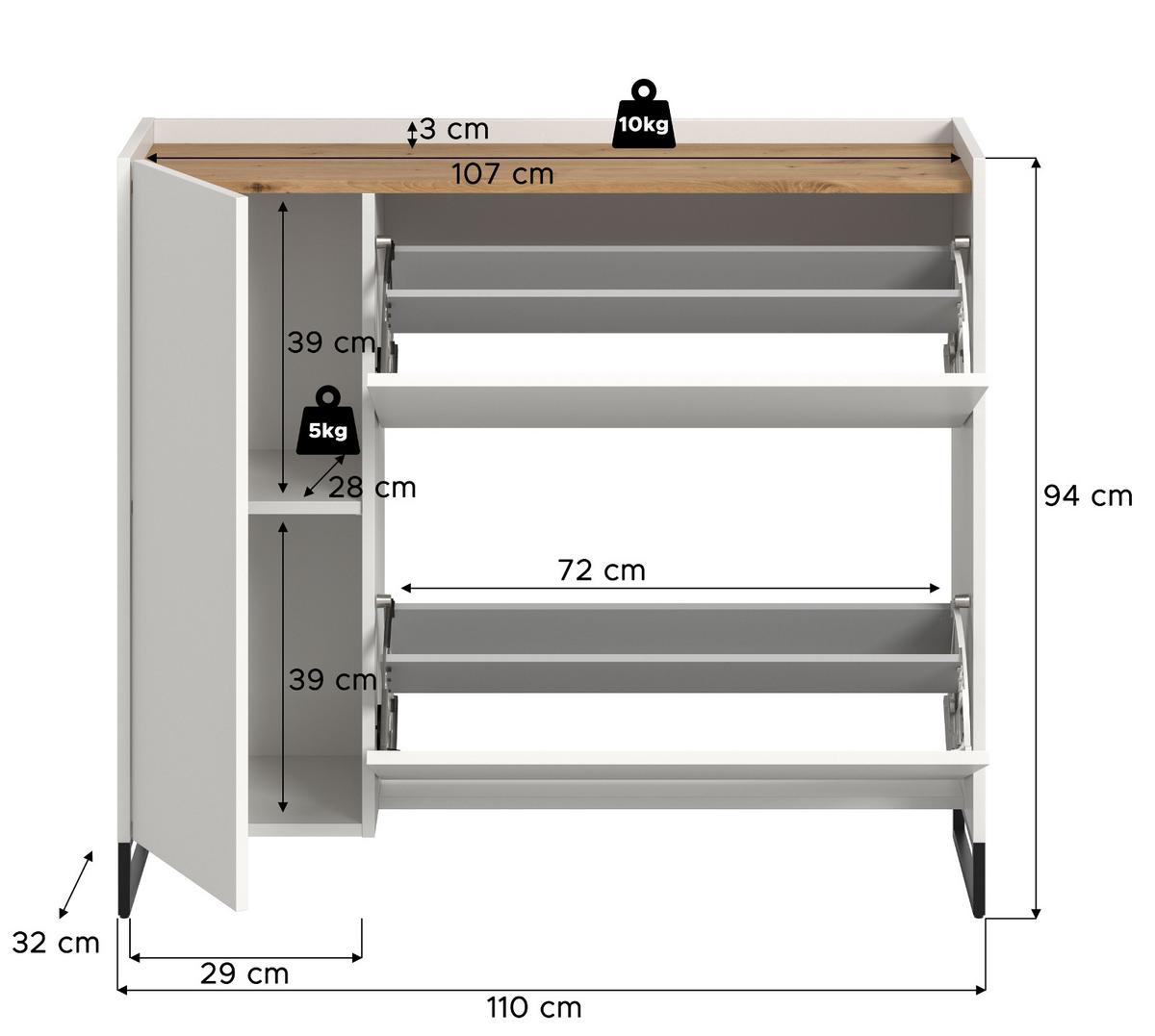 SCHUHKIPPER weiß und Artisan Eiche, Schuhschrank 110 x 94 cm, Soft-Close, Borga - Schwarz/Weiß, Holzwerkstoff/Metall (110/94/32cm) - Inn.Furn