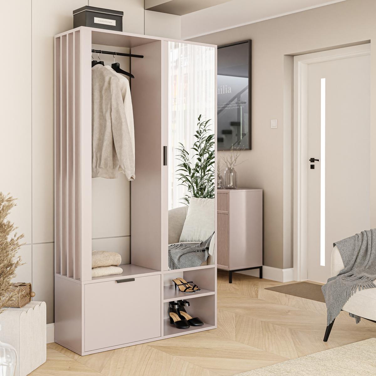 GARDEROBENSCHRANK mit Spiegel-mit Ablagen und Kleiderstange - Beige, Holzwerkstoff (100/190/33cm) - Idohome