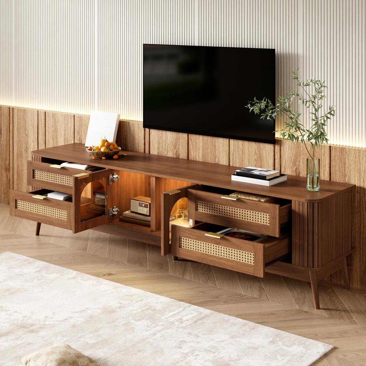 TV-LOWBOARD Nussbaum mit LED-Beleuchtung, Bogen-Glastüren & 4 Schubladen - Walnussfarben, Holzwerkstoff (180/50/40cm) - Urban Meuble