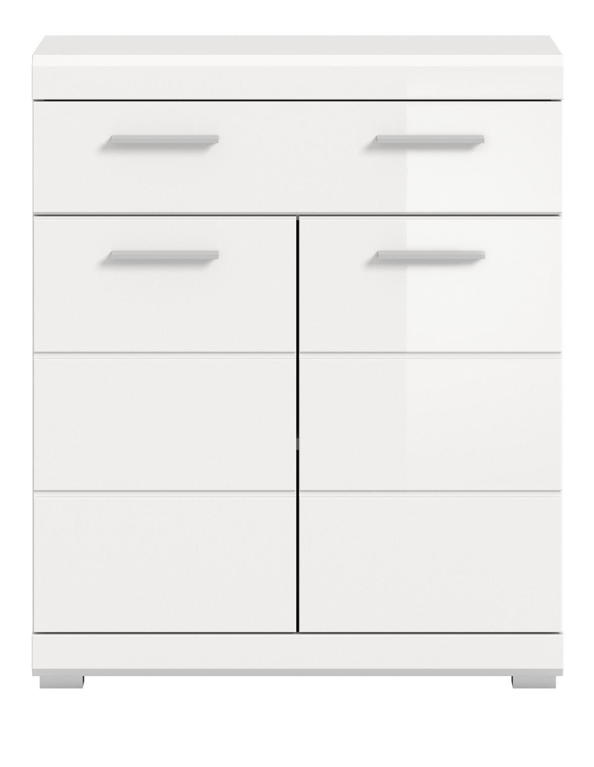 BADKOMMODE weiß Hochglanz 74 x 88 cm, Badschrank 2-türig mit Vollauszug Schubkasten - Weiß Hochglanz/Silberfarben, Holzwerkstoff/Kunststoff (74/88/31cm) - Inn.Furn