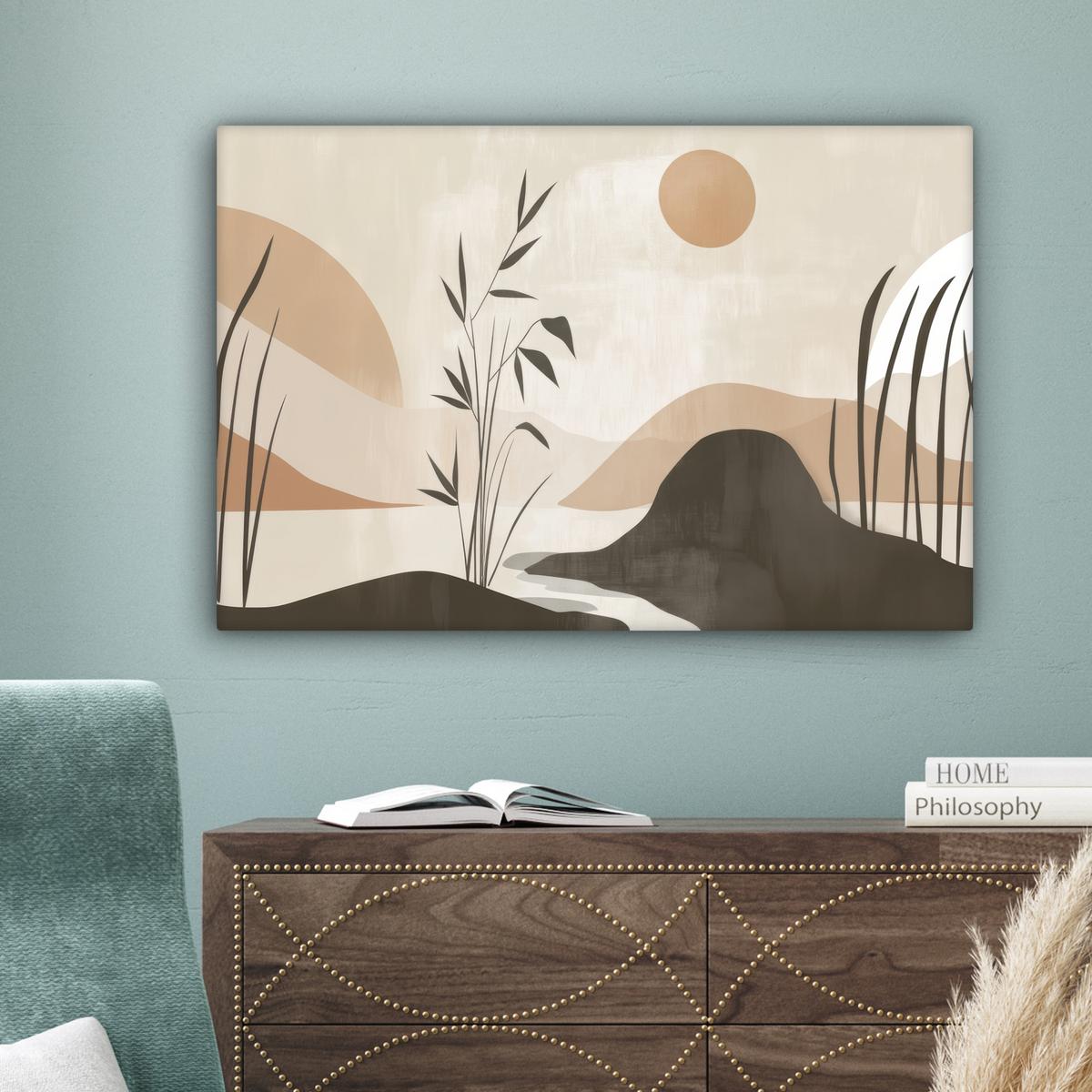 LEINWANDBILD Japandi - Landschaft - Beige Gemälde 60x40 cm - Cognac, Textil (60/40cm) - MuchoWow