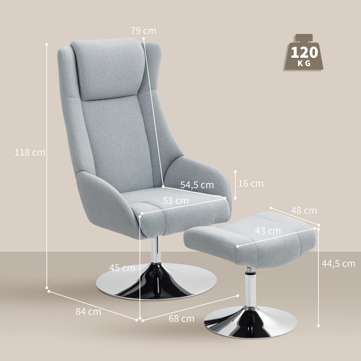 RELAXSESSEL mit Hocker drehbar Grau - Grau, Textil (68/118/84cm) - HOMCOM