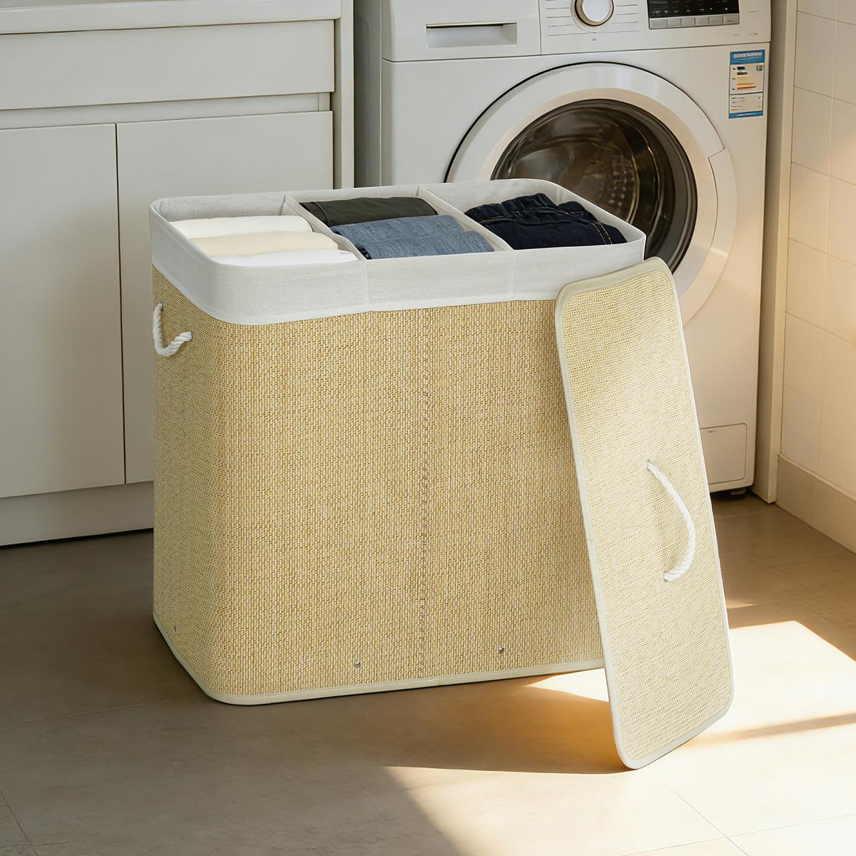 WÄSCHEKORB Bambus Cremeweiß - Creme, Holz (40/60/60cm) - HOMCOM