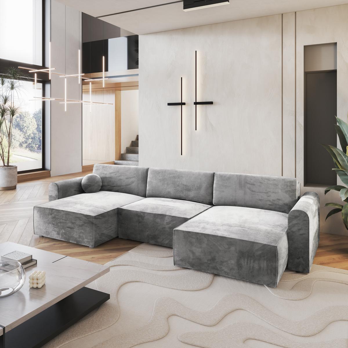 WOHNLANDSCHAFT FENTO M Hellgrau Velours-Stoff mit Schlaffunktion - Hellgrau/Grau, Holz/Kunststoff (347/90/148cm) - MASSENO
