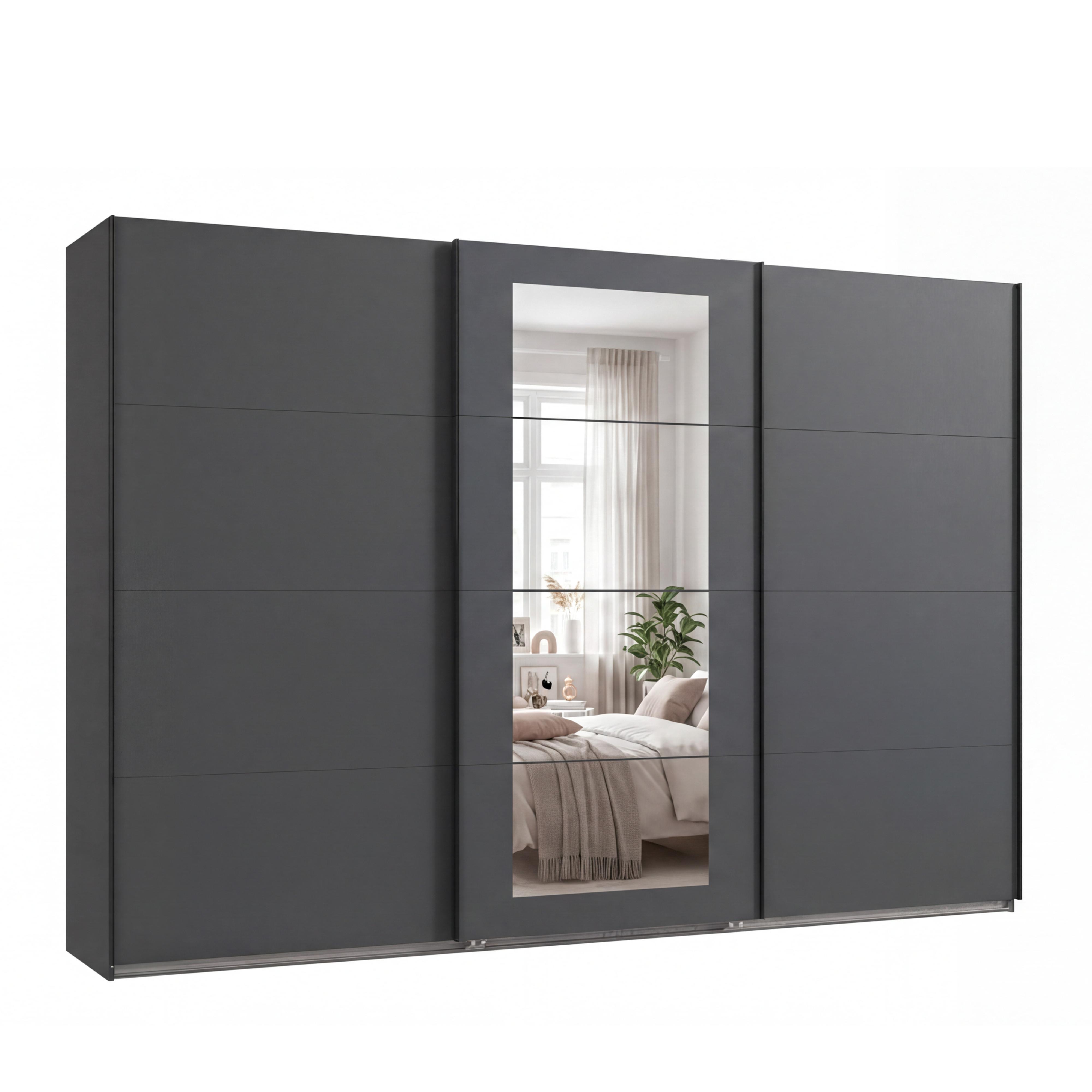 SCHWEBETÜRENSCHRANK 3-türig B313/H208/64 cm Kleiderschrank in Grafit, mittig Spiegel, Griffe Schwarz / 22633 - Graphitfarben/Schwarz, Holzwerkstoff/Metall (313/208/64cm) - luma-home