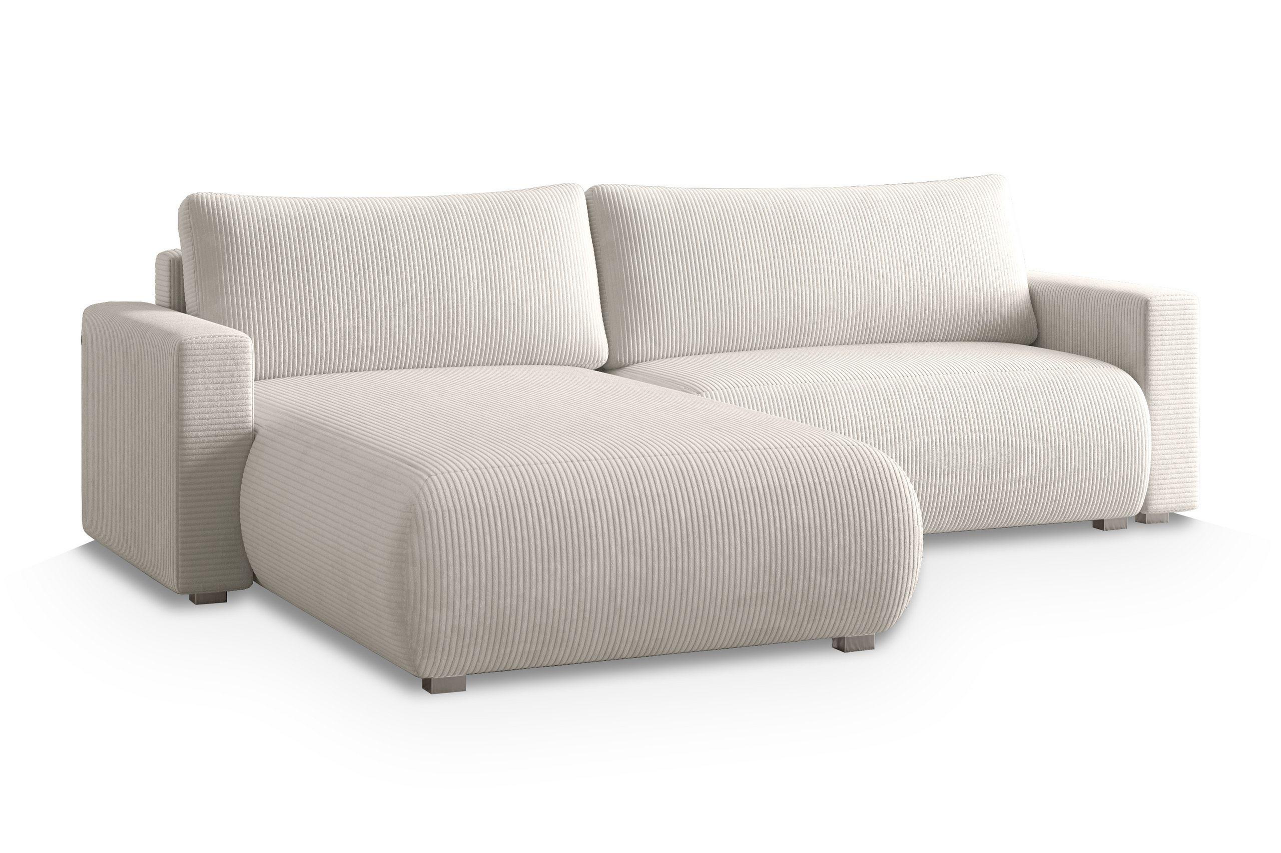 ECKSOFA TURIN P Creme Kordstoff mit Schlaffunktion - Creme/Grau, Holz/Kunststoff (265/183cm) - MASSENO