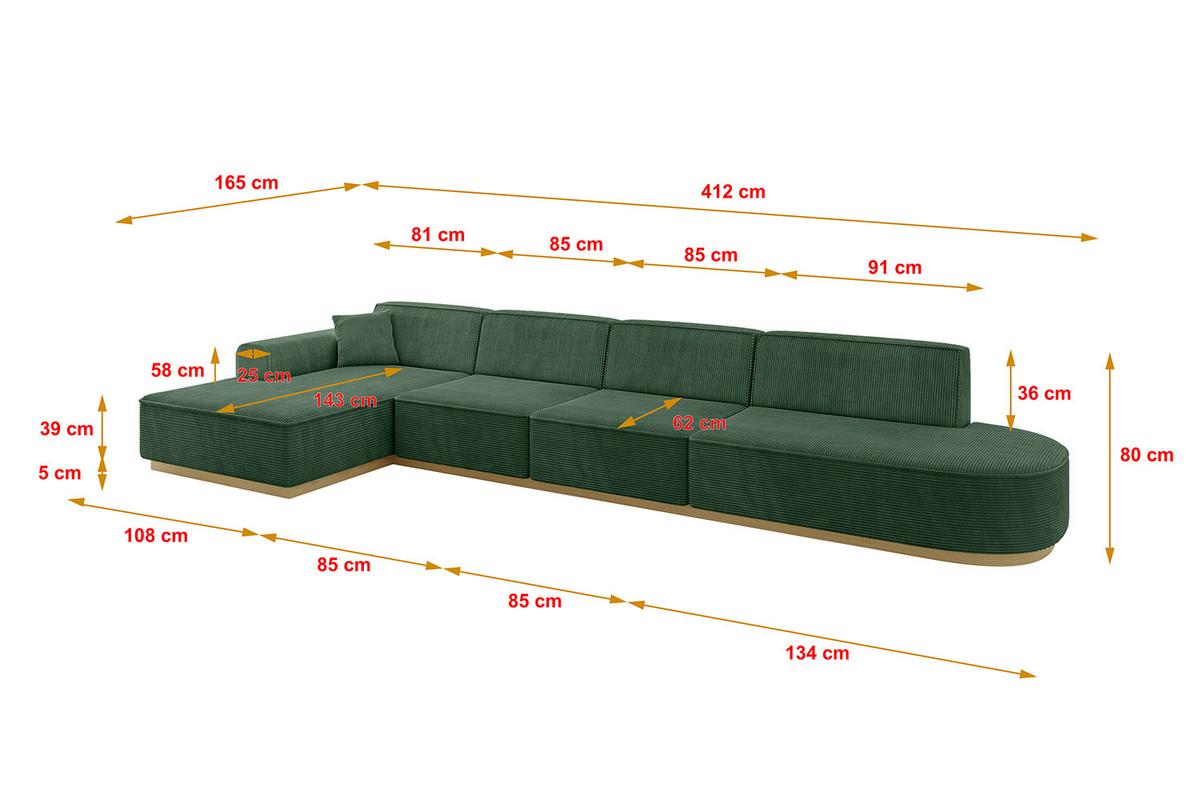 ECKSOFA Ottomane Links IREA-L3-v2 - 412x165x80 cm Grün - Currygelb, Holzwerkstoff/Textil (412/165cm) - ALTDECOR