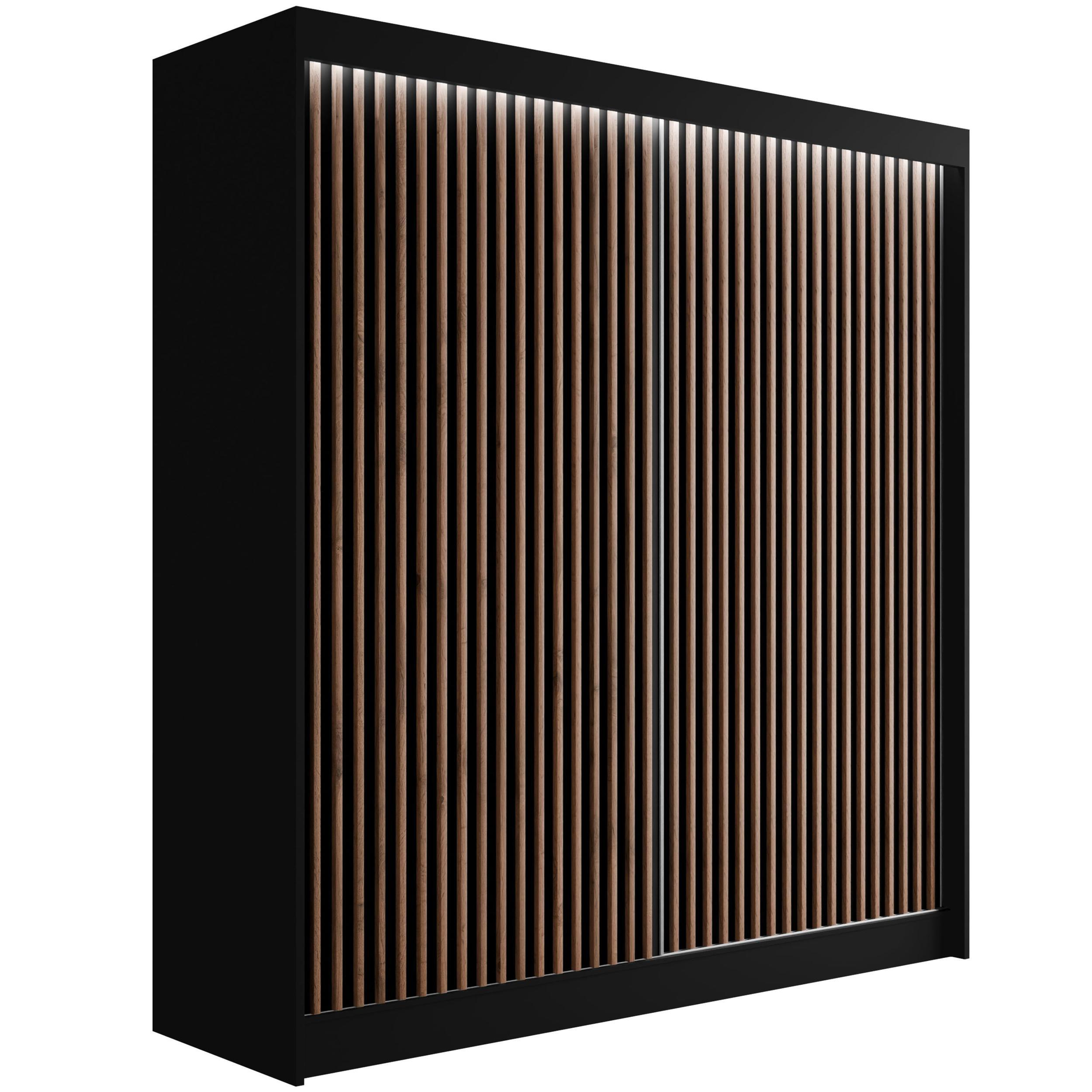 KLEIDERSCHRANK mit LED, Lamel-Schiebetüren VILANv2 - 200 cm Schwarz + Lamelle Eiche Wotan - Eiche Wotan/Schwarz, Holzwerkstoff (200/215/61cm) - ALTDECOR