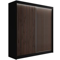 KLEIDERSCHRANK mit LED, Lamel-Schiebetüren VILANv2 - 200 cm Schwarz + Lamelle Eiche Wotan - Eiche Wotan/Schwarz, Holzwerkstoff (200/215/61cm) - ALTDECOR