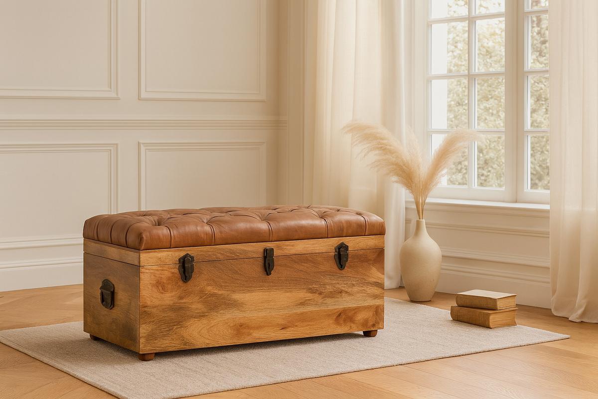 AUFBEWAHRUNGSTRUHE Büffelleder Oak-ish, Aufklappbare Aufbewahrungstruhe, Hellbraun - Hellbraun/Messingfarben, Mangoholz/Holz (90/45/45cm) - Artisan Furniture