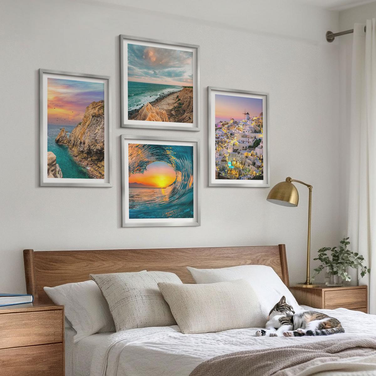BILDER SET 4er Set - 50x50 cm & 40x60 cm Silberner Rahmen - Meereswellen, weiße Häuser, Santorini - Silberfarben, Kunststoff (50/50cm) - TULUP