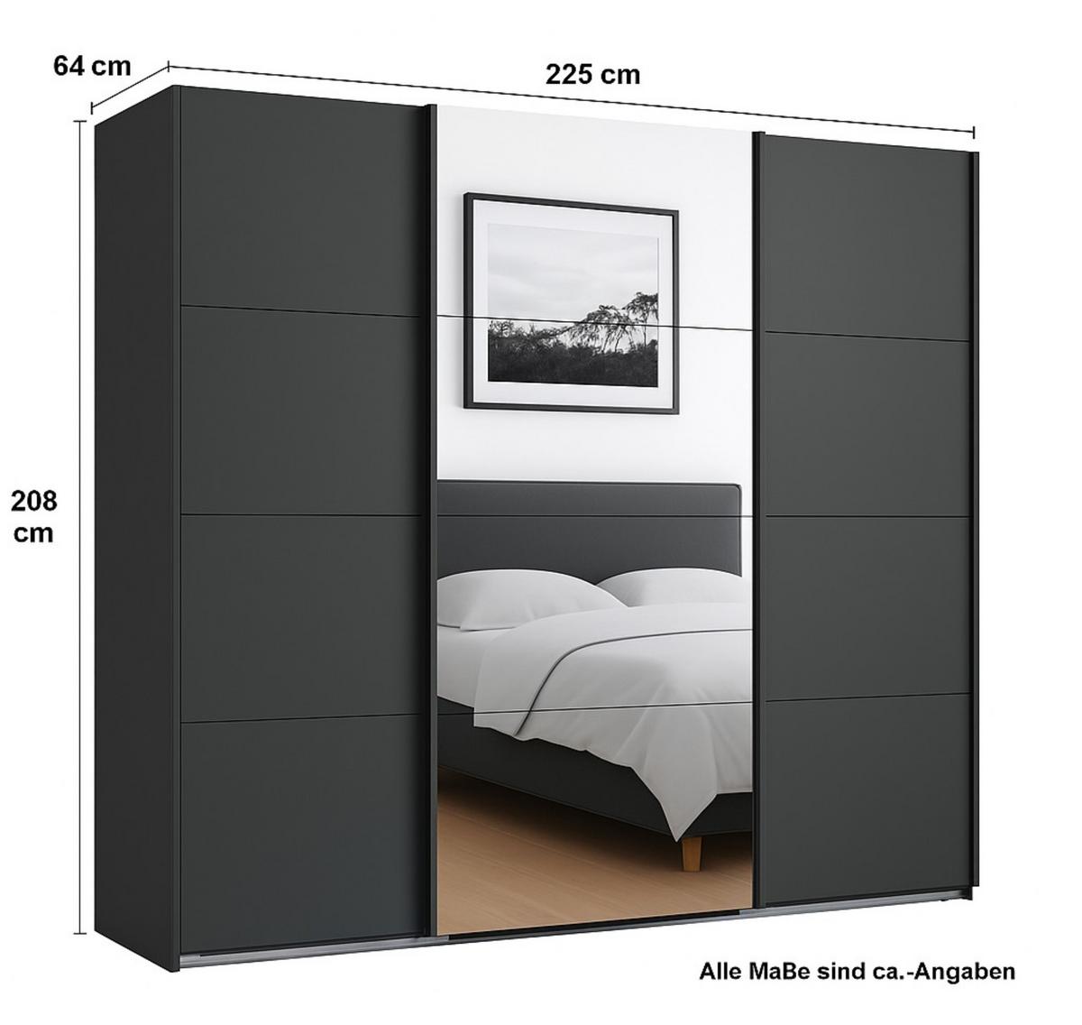 SCHWEBETÜRENSCHRANK 3-türig B225/H208/T64 cm in Grafit, Kleiderschrank mit einer Spiegeltür / 22519 - Edelstahlfarben/Graphitfarben, Holzwerkstoff/Metall (225/208/64cm) - luma-home