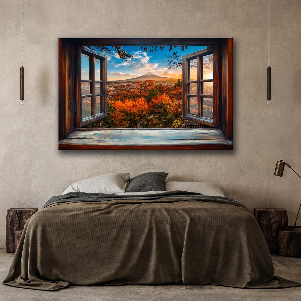 WANDBILD blick aus einem fenster japan berg fuji natur - Braun, Textil (60/40cm) - Feeby