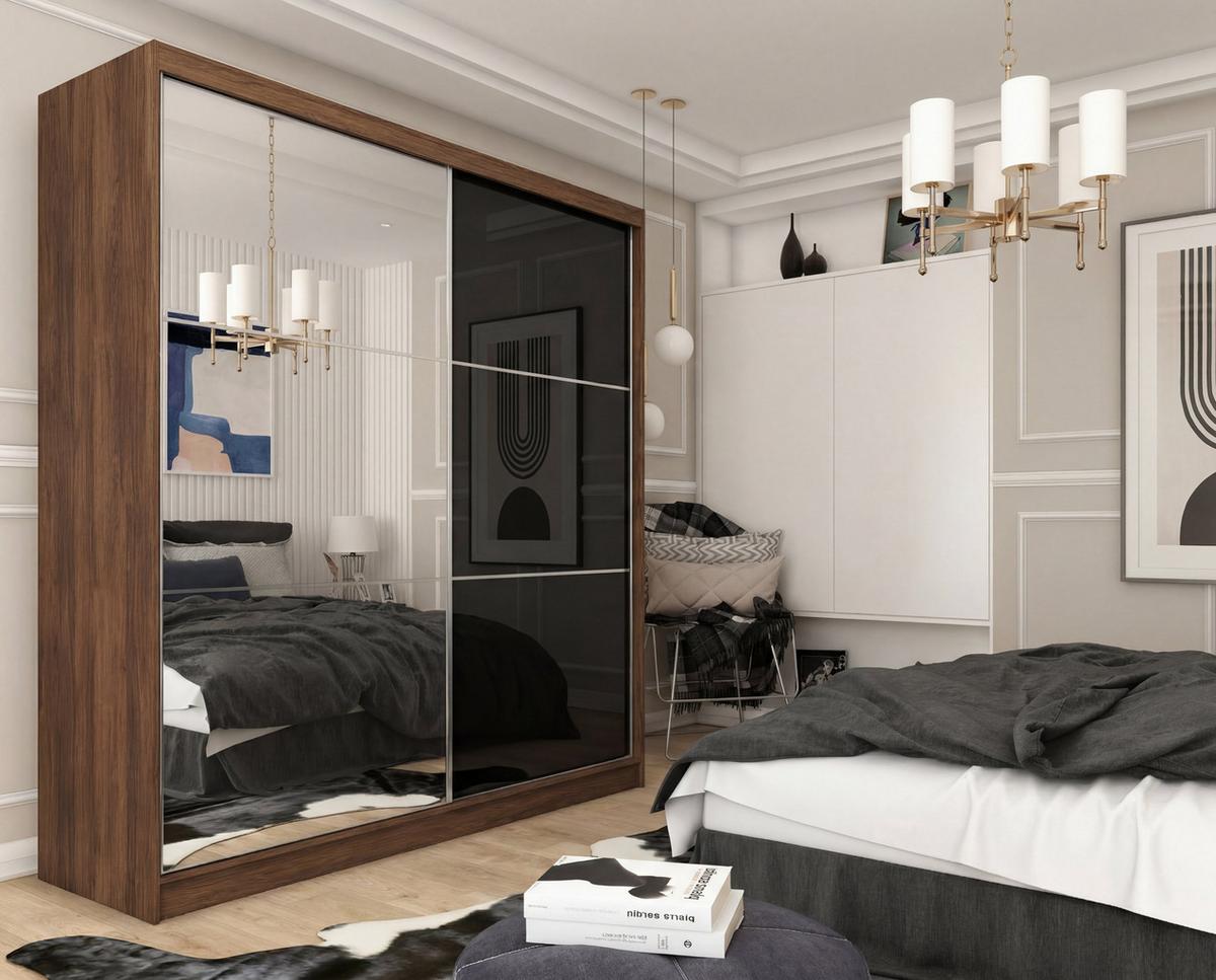 SCHWEBETÜRENSCHRANK VITALE 200/216/61 cm Modern Kleiderschrank 2-türig mit Spiegel Nussbaumfarben - Nussbaumfarben/Schwarz, Holzwerkstoff (200/216/61cm) - MASSENO