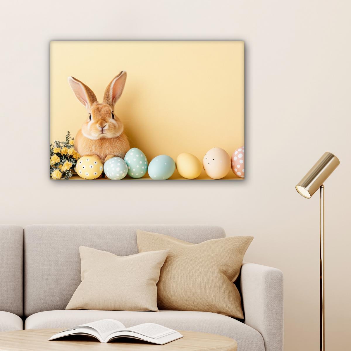 LEINWANDBILD Eier - Kaninchen - Pastellfarbtöne Wandbilder 80x60 cm - Hellgelb, Textil (80/60cm) - MuchoWow