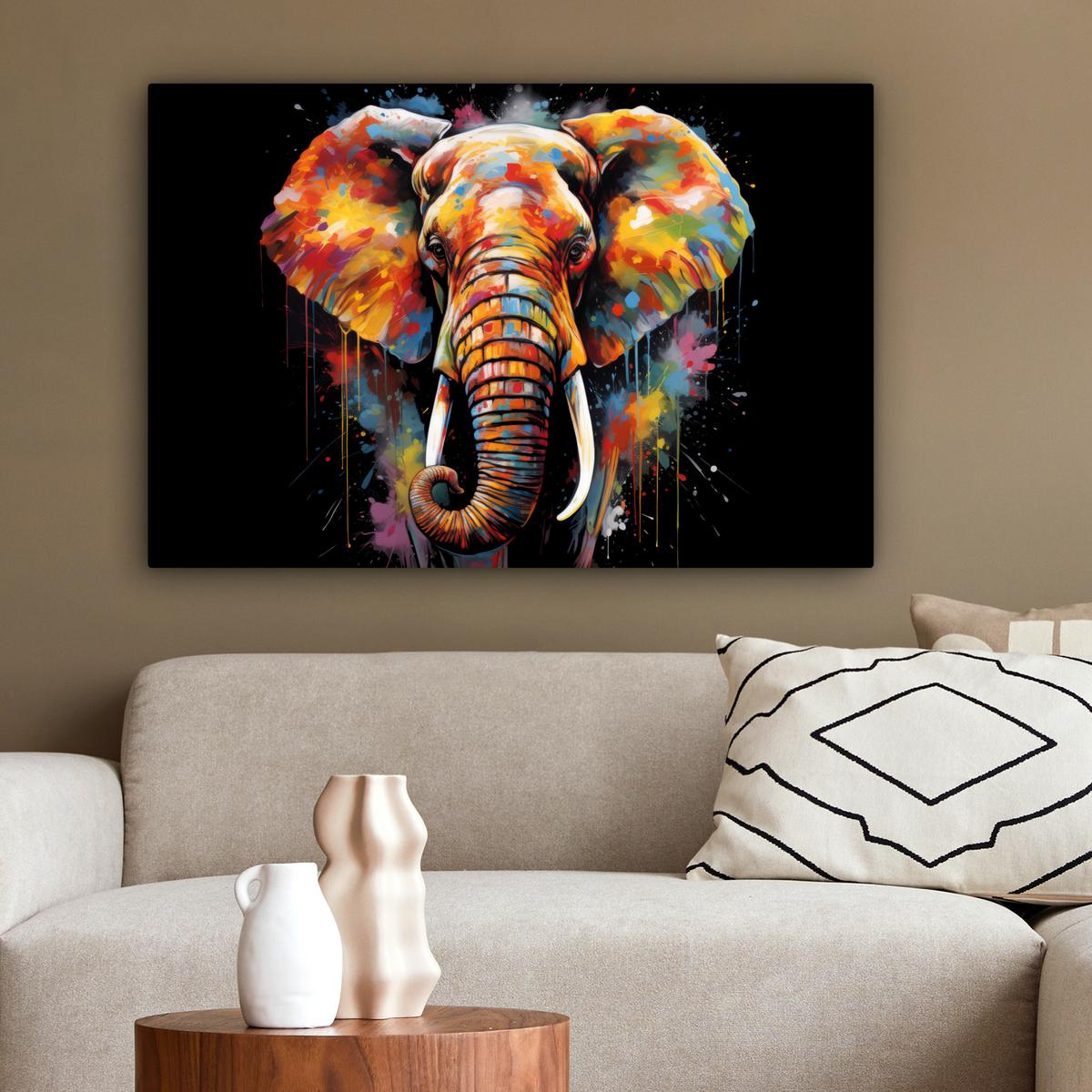 LEINWANDBILD Elefant - Graffiti - Schwarz - Tiere - Farben Gemälde 60x40 cm - Schwarz, Textil (60/40cm) - MuchoWow