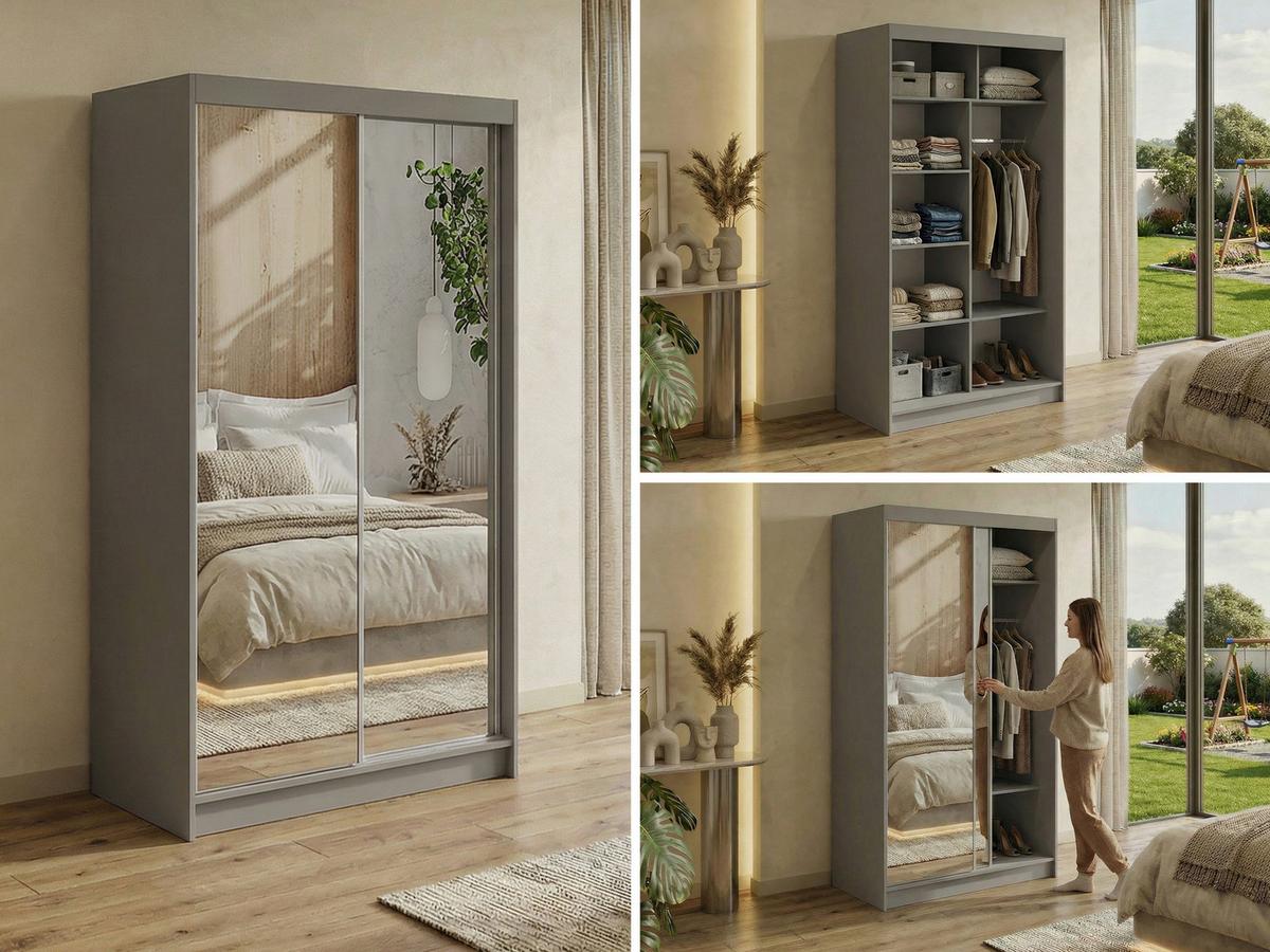 SCHWEBETÜRENSCHRANK 120 - DUBROWNIK - Grau mit Spiegel - Alufarben/Grau, Holzwerkstoff/Metall (120/216/61cm) - MKS