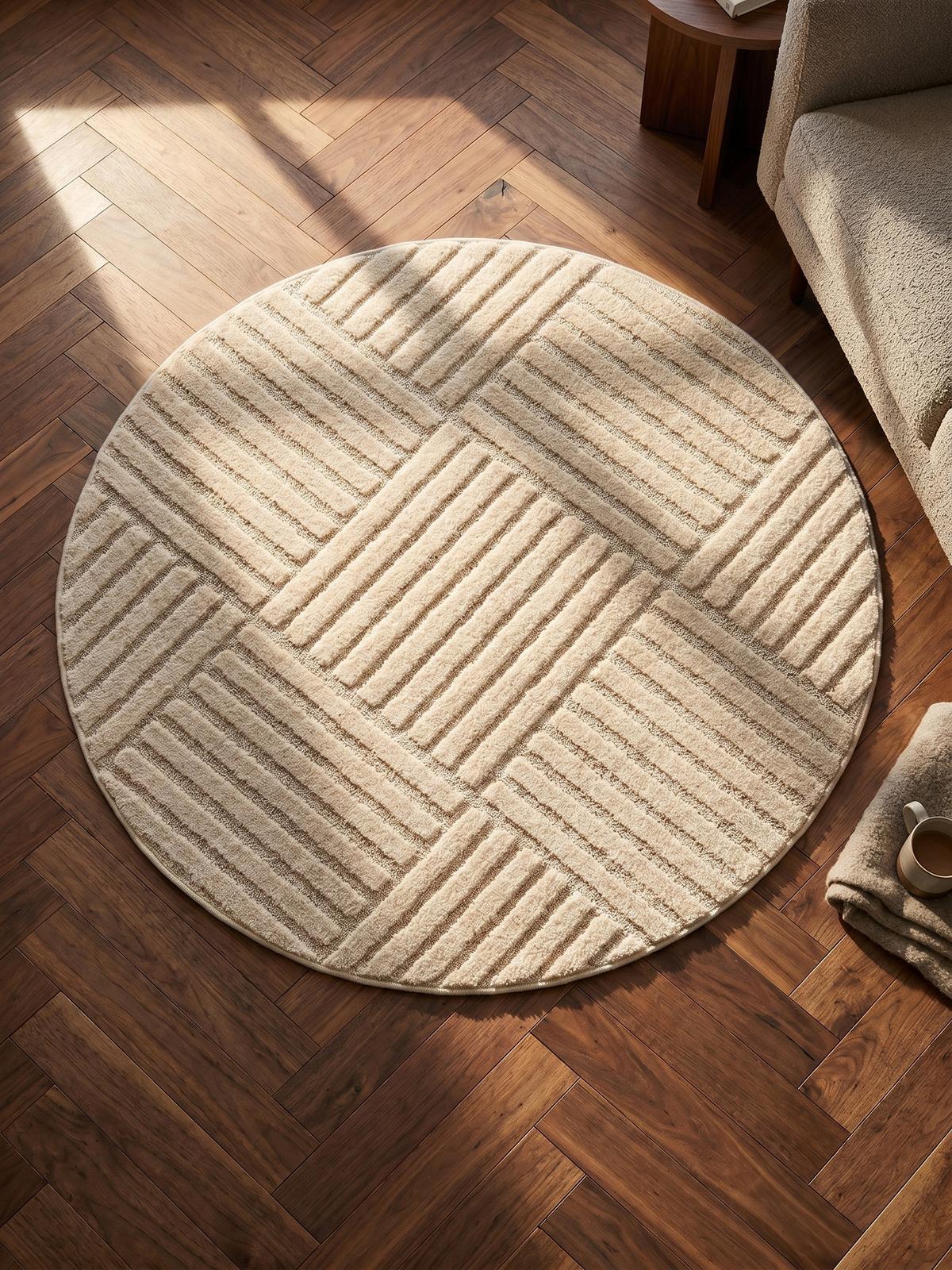 TEPPICH Hochflor RIGI in Creme, mit Cord-Streifen-Patchwork, Ø 200 cm - Beige, Textil (200/200cm) - KADIMA DESIGN