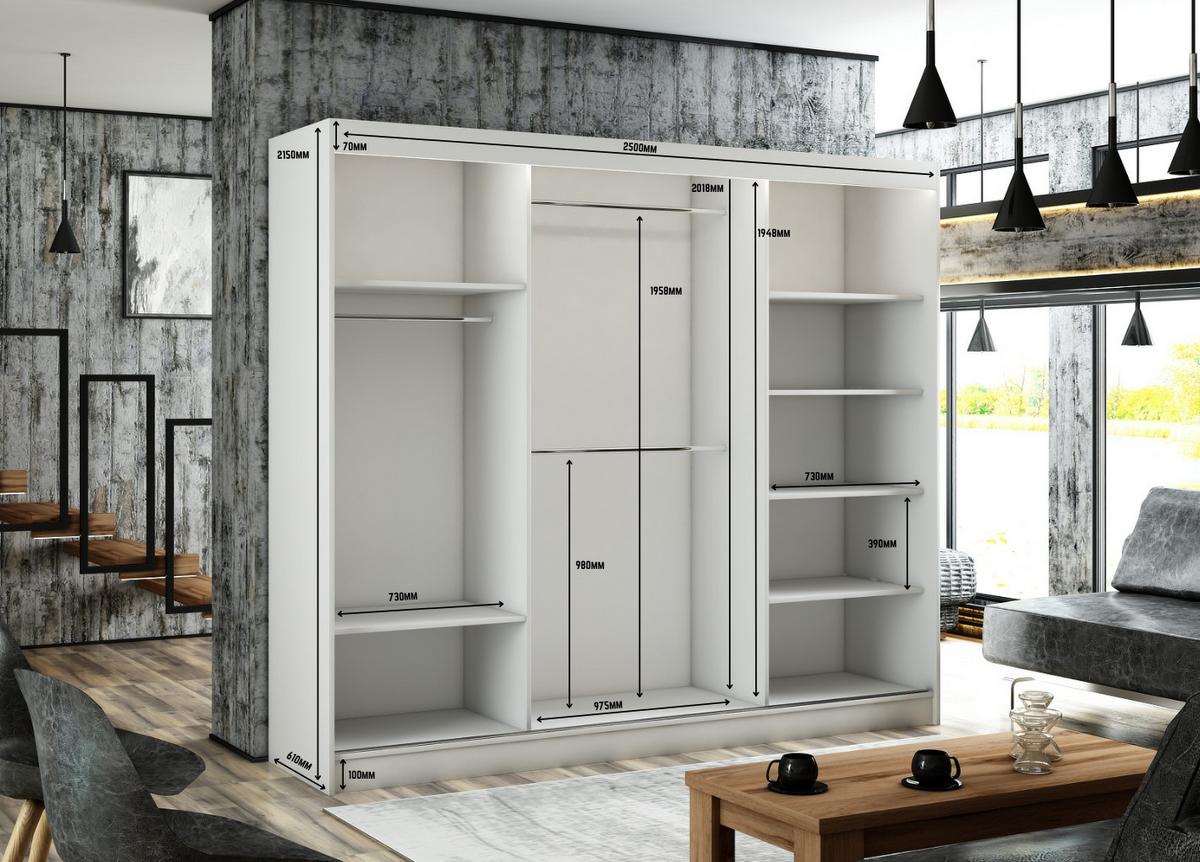 KLEIDERSCHRANK VILAN mit Spiegel - 250 cm - Weiß|Eiche Wotan - Eiche Wotan/Weiß, Holzwerkstoff (250/215/61cm) - ALTDECOR