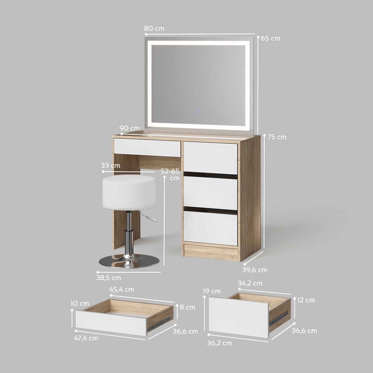SCHMINKTISCH Imola Sonoma mit LED-Spiegel und Hocker - Sonoma Eiche, Holzwerkstoff (90/75/40cm) - Livinity®
