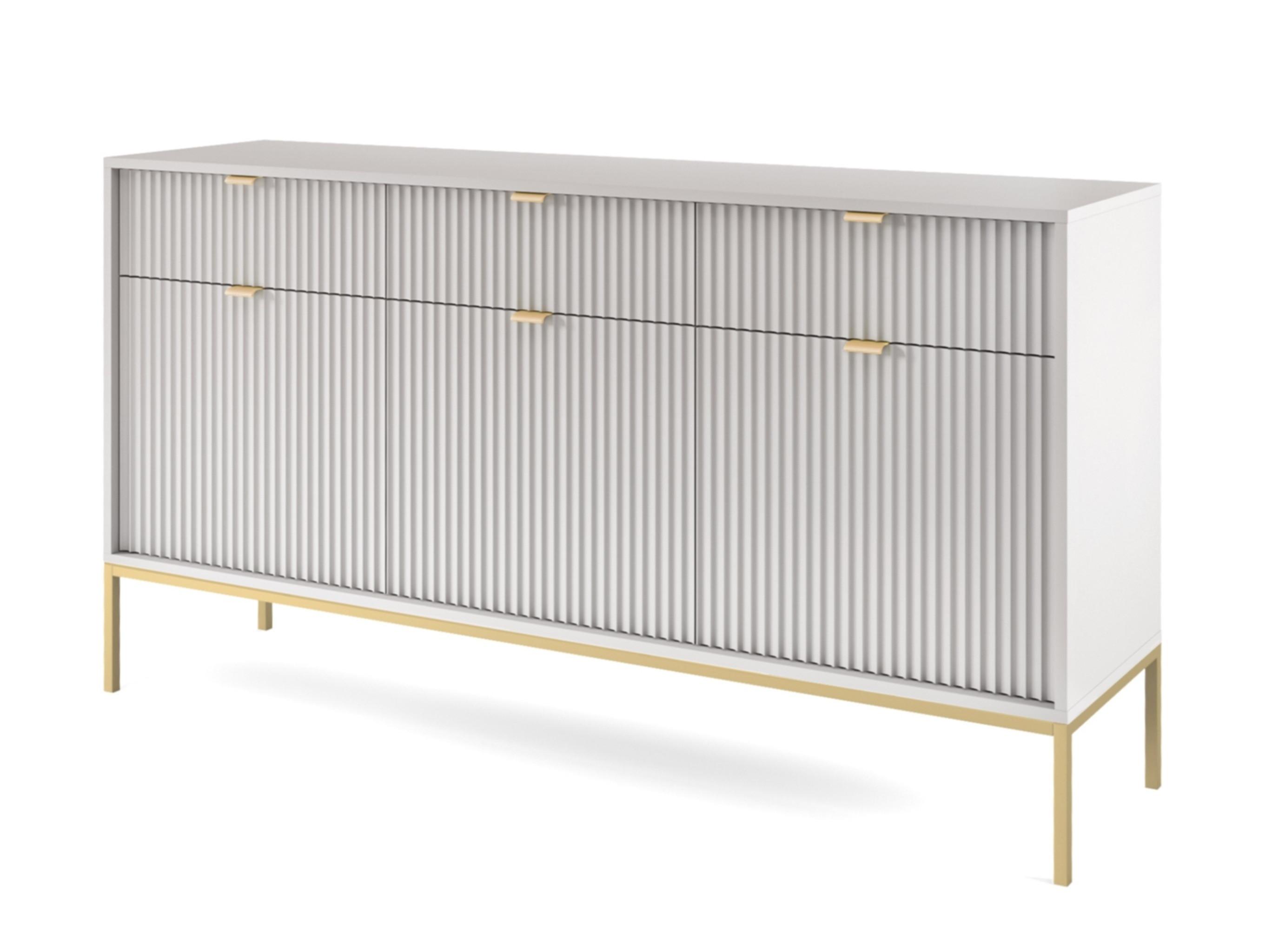 SIDEBOARD Eternas 3T 3S Grau 154/83/39 cm – goldene Füße, mit geriffelten Fronten - Goldfarben/Grau, Holzwerkstoff (154/83/39cm) - AX Living