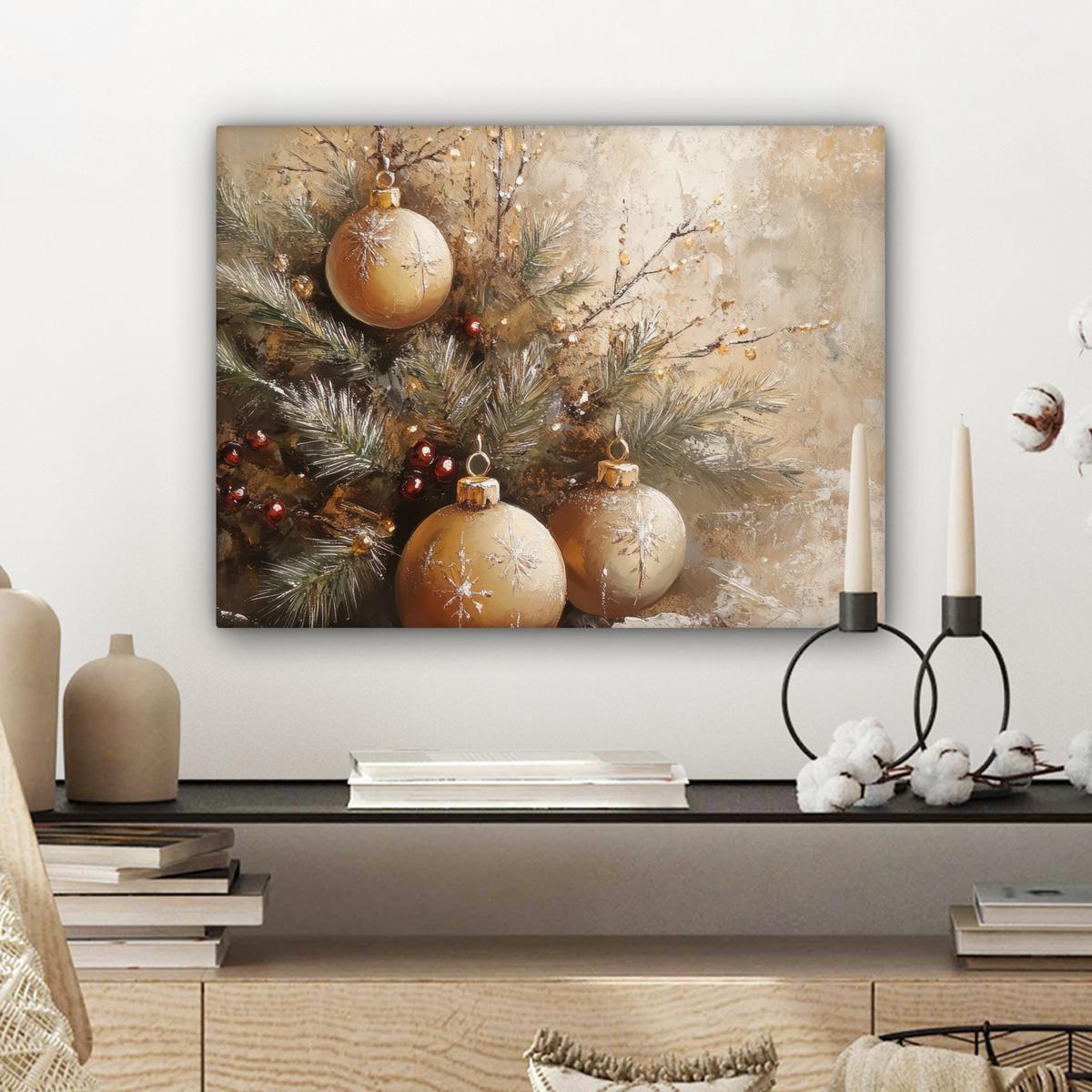 LEINWANDBILD Weihnachten - Kugeln - Beige - Gold Wandbild 40x30 cm - Goldfarben, Textil (40/30cm) - MuchoWow