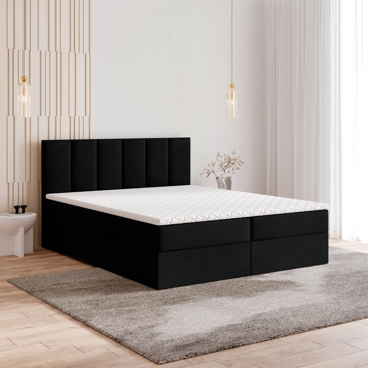 BOXBETT MERIL 180x200 cm mit Matratze und Topper - Schwarz - Schwarz, Holz (180/200cm) - MASSENO