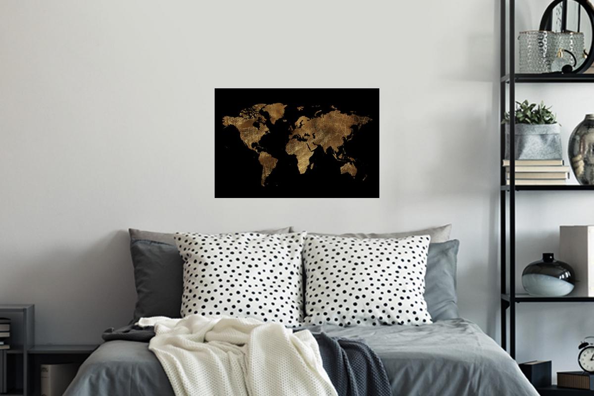 WANDTATTOO Weltkarte - Gold - Luxus - Erde - Schwarz Deko Wohnzimmer 60x40 cm - Goldfarben, Kunststoff (60/40/0.1cm) - MuchoWow