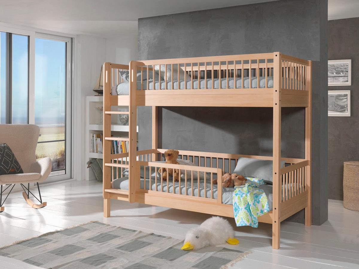ETAGENBETT Kelci 2x90x200 mit Rausfallschutz Leiter Buche massiv natur - Buchefarben, Holz (90/200cm) - 58aufmkessel