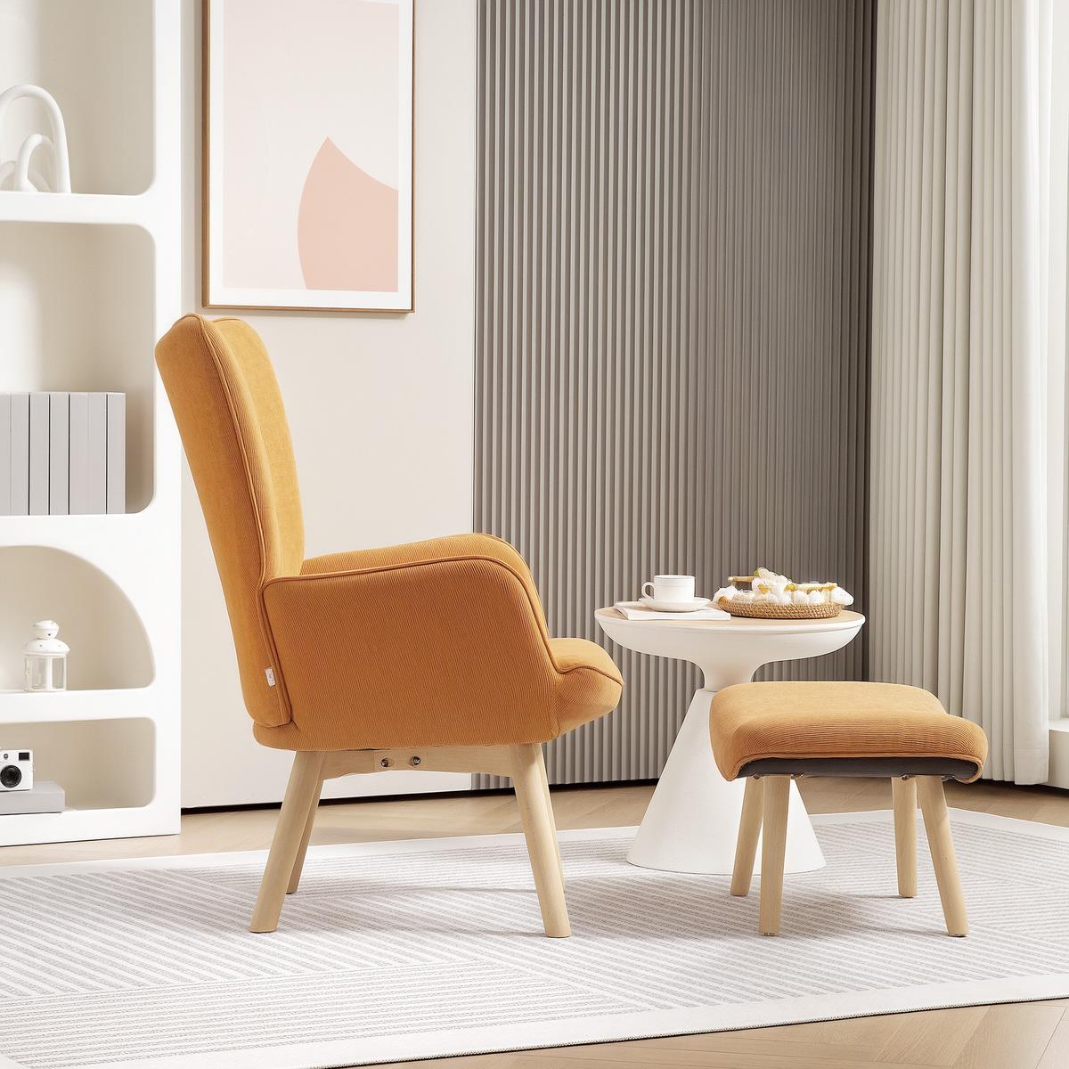 SESSEL mit Hocker, Ohrensessel mit Hoher Rückenlehne, Holzbeine, Cord, Braun - Buchefarben/Bernsteinfarben, Buchenholz/Textil (80/101/72cm) - HOMCOM