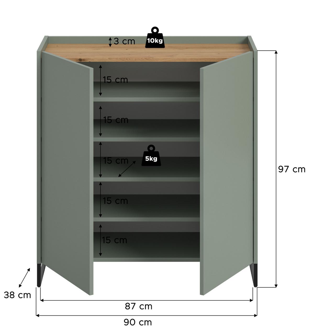 SCHUHSCHRANK Salbei grün, Artisan Eiche, Flur Kommode 90 x 97 cm, Soft-Close - Salbeigrün/Schwarz, Holzwerkstoff/Metall (90/97/38cm) - Inn.Furn