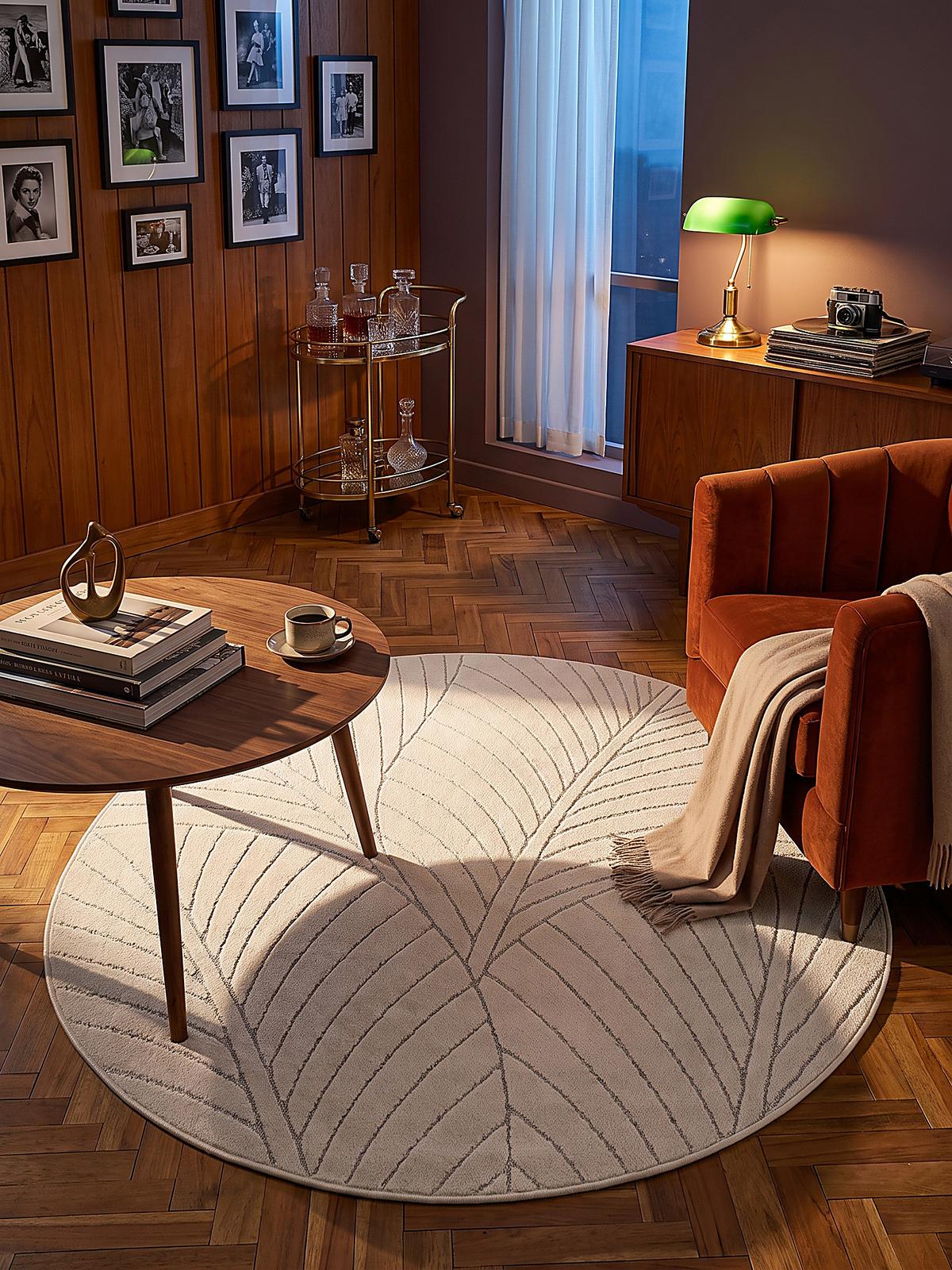 TEPPICH Outdoor, Fußbodenheizung-geeignet, mit Blattmotiv, ENGADIN in Creme, Ø 120 cm - Creme, Textil (120/120cm) - KADIMA DESIGN