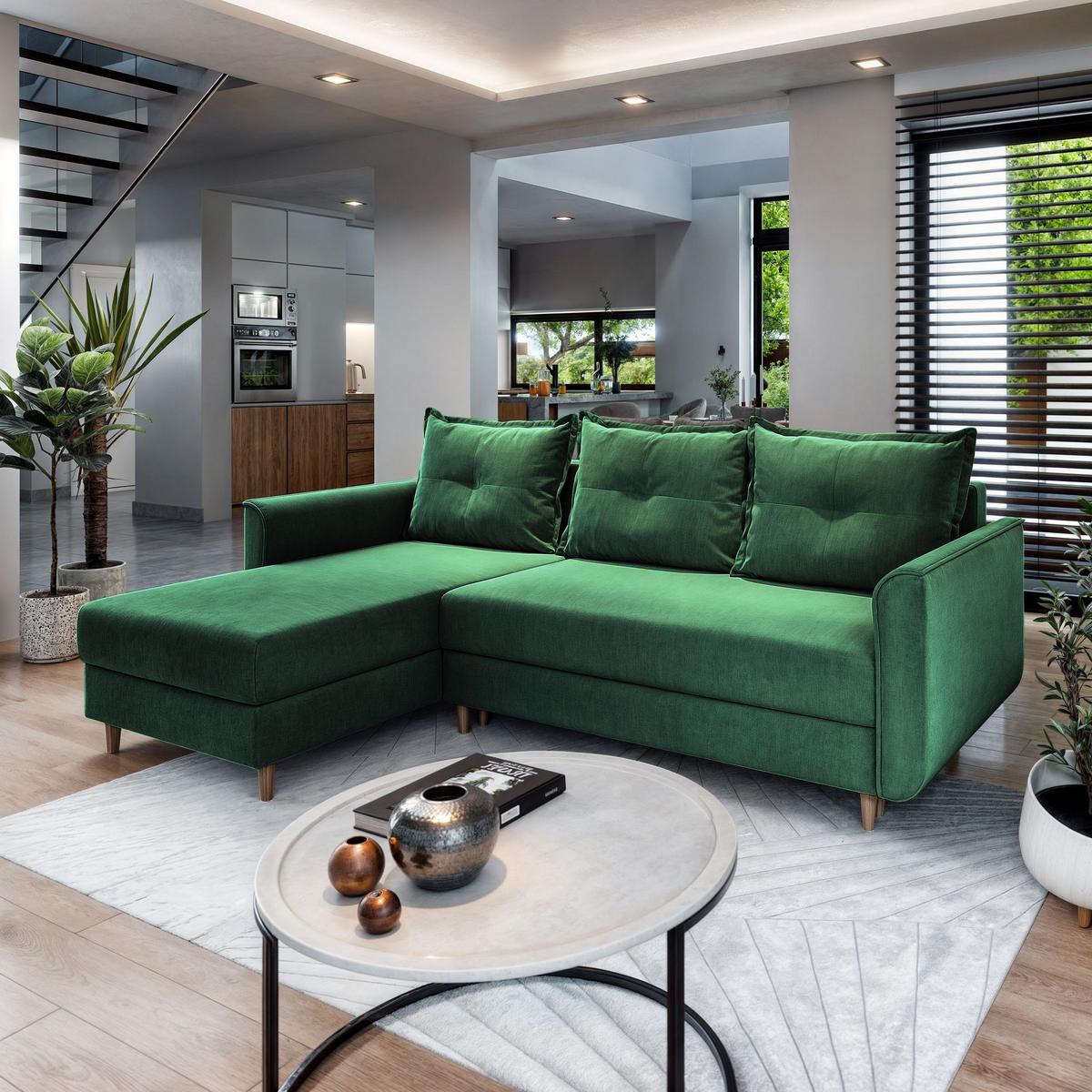 ECKSOFA PISAN L-S Grün Plüsch-Stoff mit Schlaffunktion - Braun/Grün, Holz/Textil (220/140cm) - MASSENO