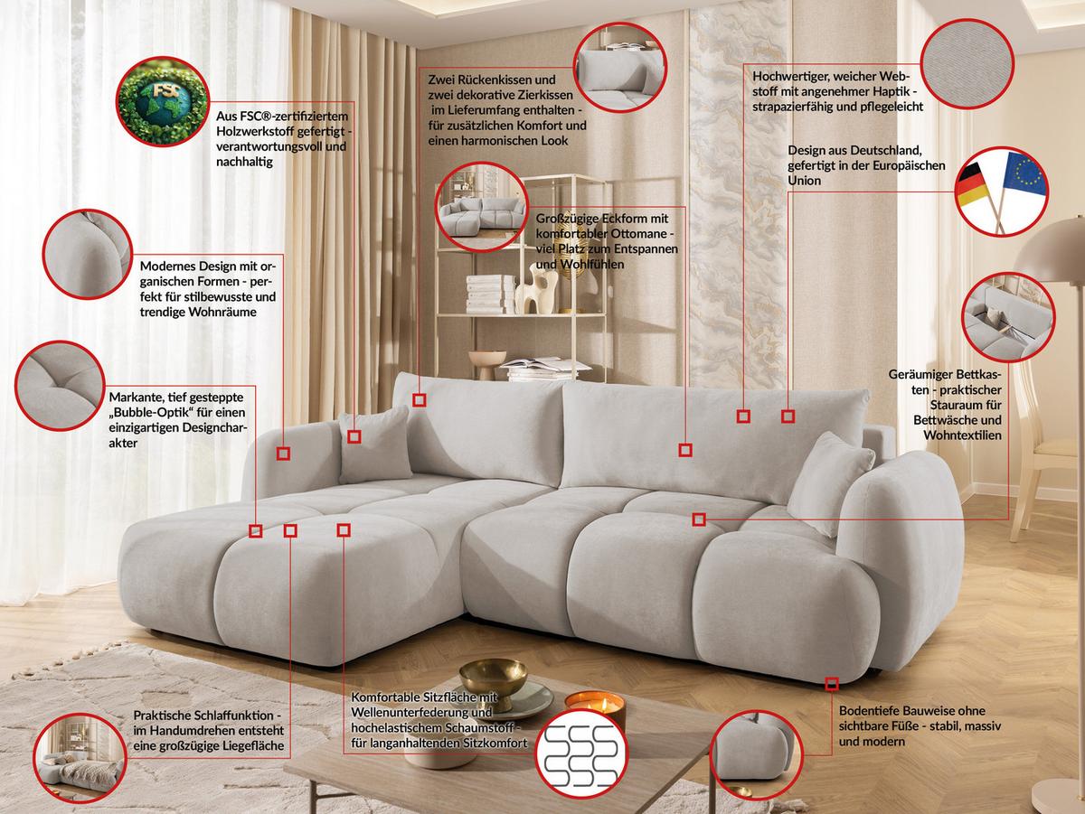ECKSOFA Loretto aus natürlichem Beige Webstoff mit Schlaffunktion, Bettkasten und tiefen Steppungen in Bubble-Optik - Beige/Schwarz, Holz/Kunststoff (180/275cm) - S-Style
