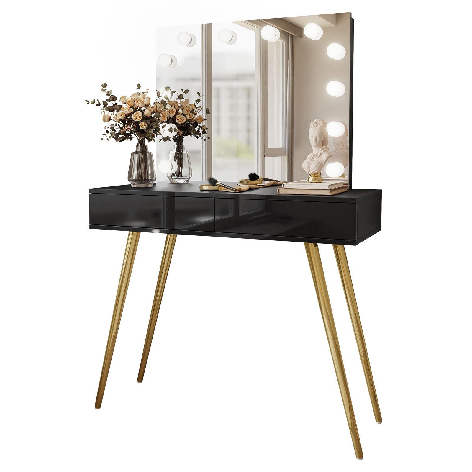 SCHMINKTISCH SIENNA GOLD ELITE mit Spiegel PUSH OPEN - Schwarz Hochglanz, Holzwerkstoff (100/81/42cm)