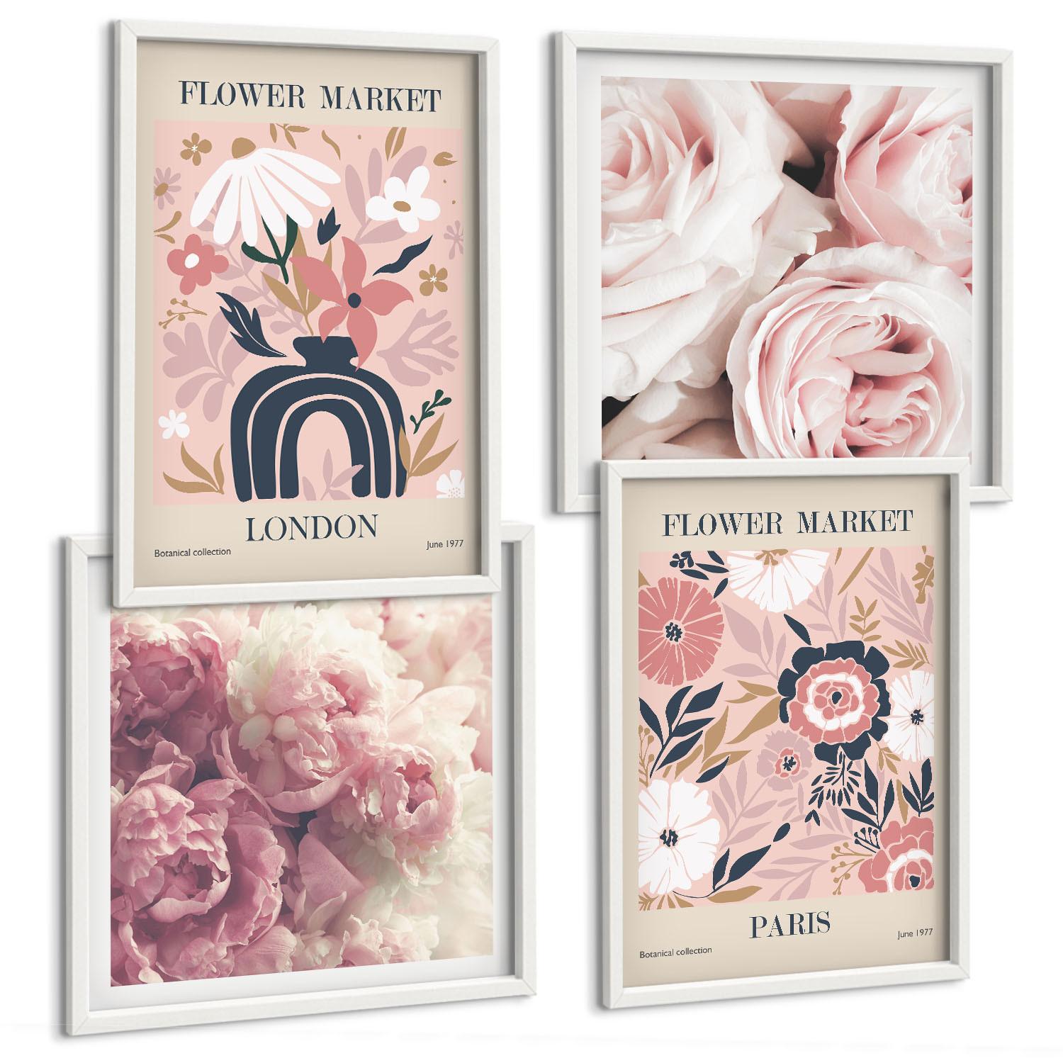BILDER SET 4er Set - 50x50 cm & 40x60 cm Weißer Rahmen - Blumenmotive Rosen Paris - Weiß, Kunststoff (50/50cm) - TULUP