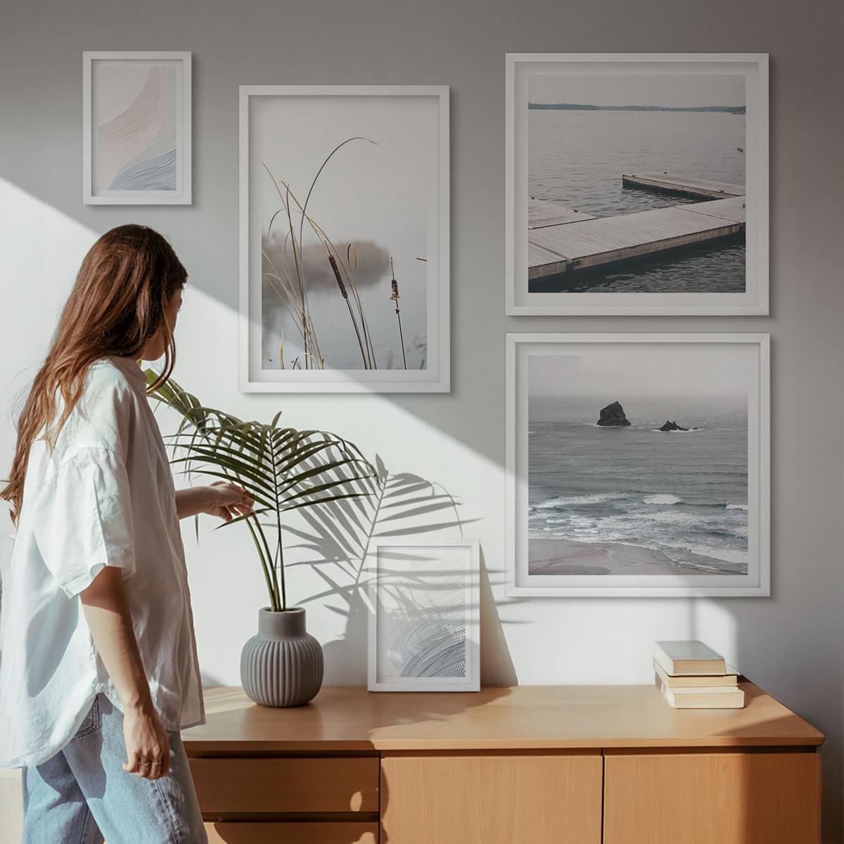 BILDER SET 5er Set - 50x50 cm & 20x30 cm & 40x60 cm Weißer Rahmen - Abstrakte Pastellwellen - Weiß, Kunststoff (40/60cm) - TULUP