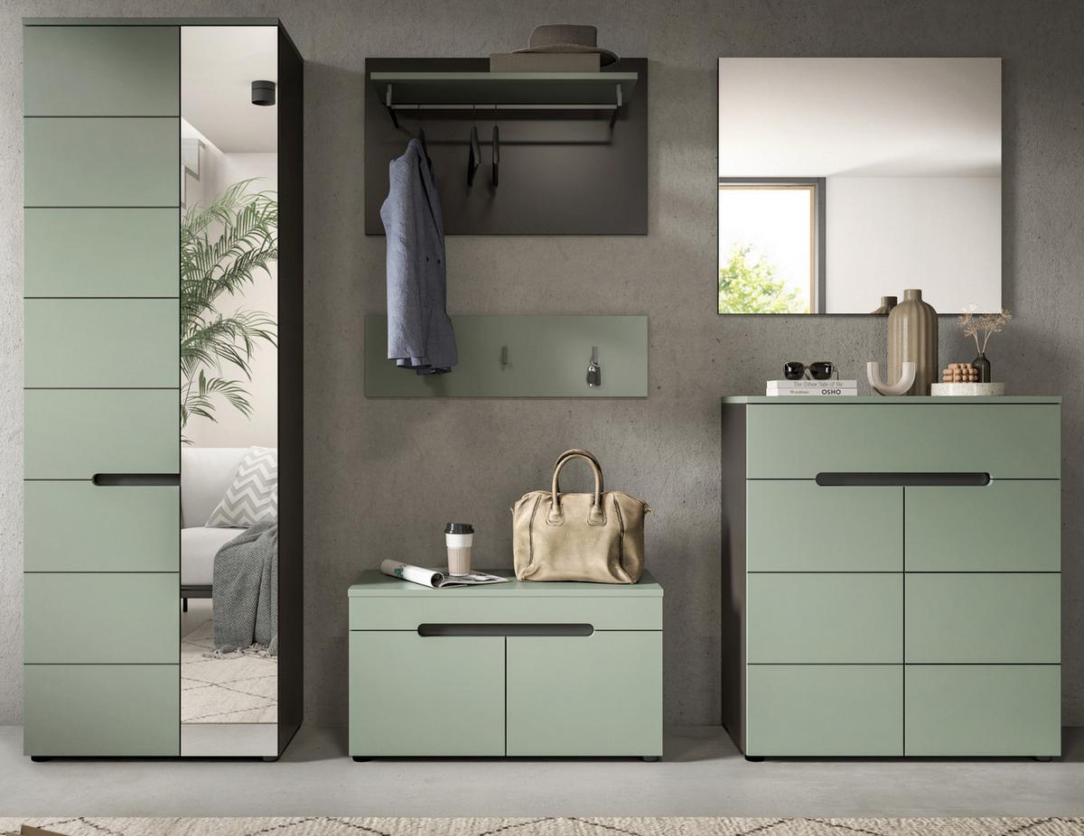 GARDEROBE SET 6-teilig Salbei Grün, Basalt Grau, Komplett-Set mit Soft-Close - Salbeigrün/Schwarz, Holzwerkstoff/Kunststoff (255/190/37cm) - Inn.Furn