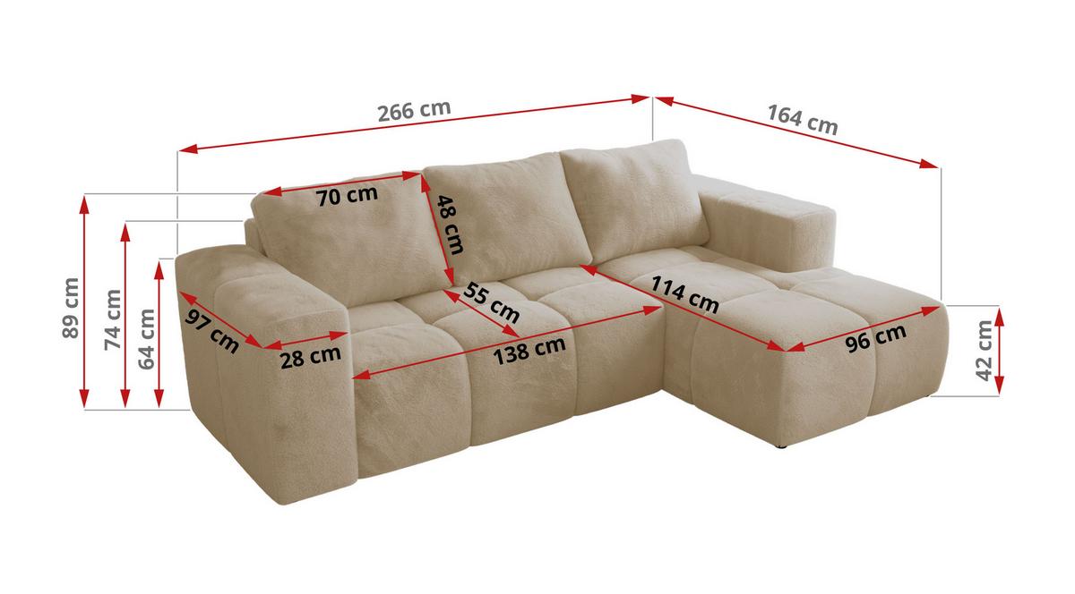 ECKSOFA MONIVA Creme Plüsch - Links - Creme/Schwarz, Kunststoff/Textil (164/266cm) - MKS