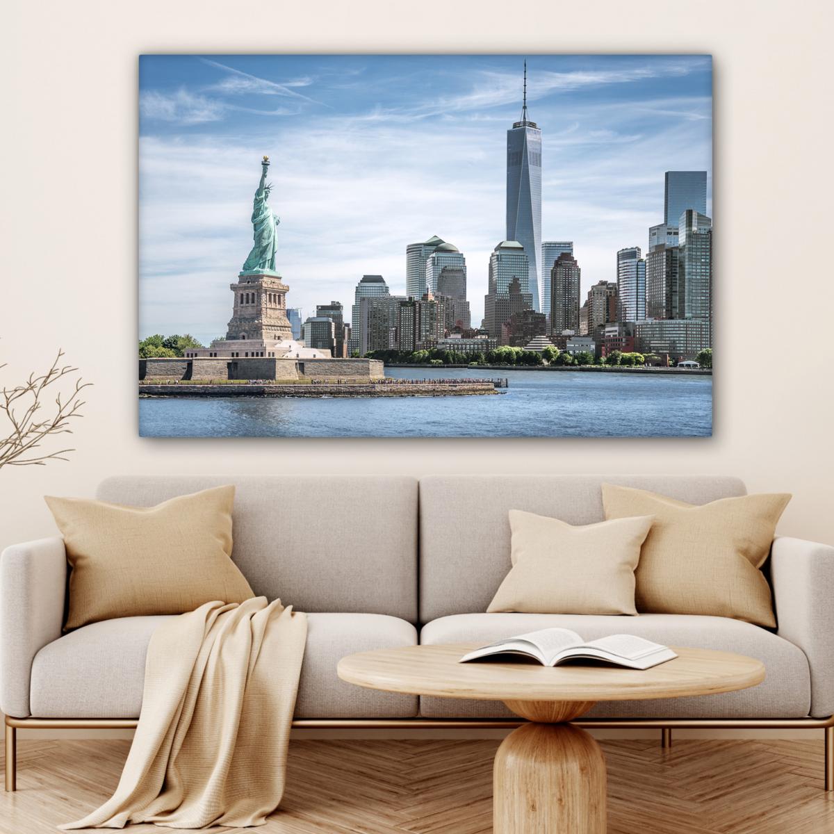 LEINWANDBILD New York - Freiheitsstatue - Wasser Groß 140x90 cm - Hellblau, Textil (140/90cm) - MuchoWow