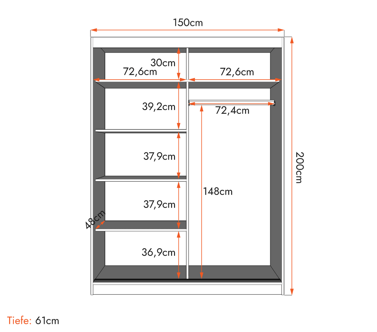 SCHWEBETÜRENSCHRANK VISTA 01 Schwarz/Weiß mit Spiegel ohne LED Beleuchtung 150 cm - Alufarben/Schwarz, Glas/Holzwerkstoff (150/200/61cm) - imoebel24