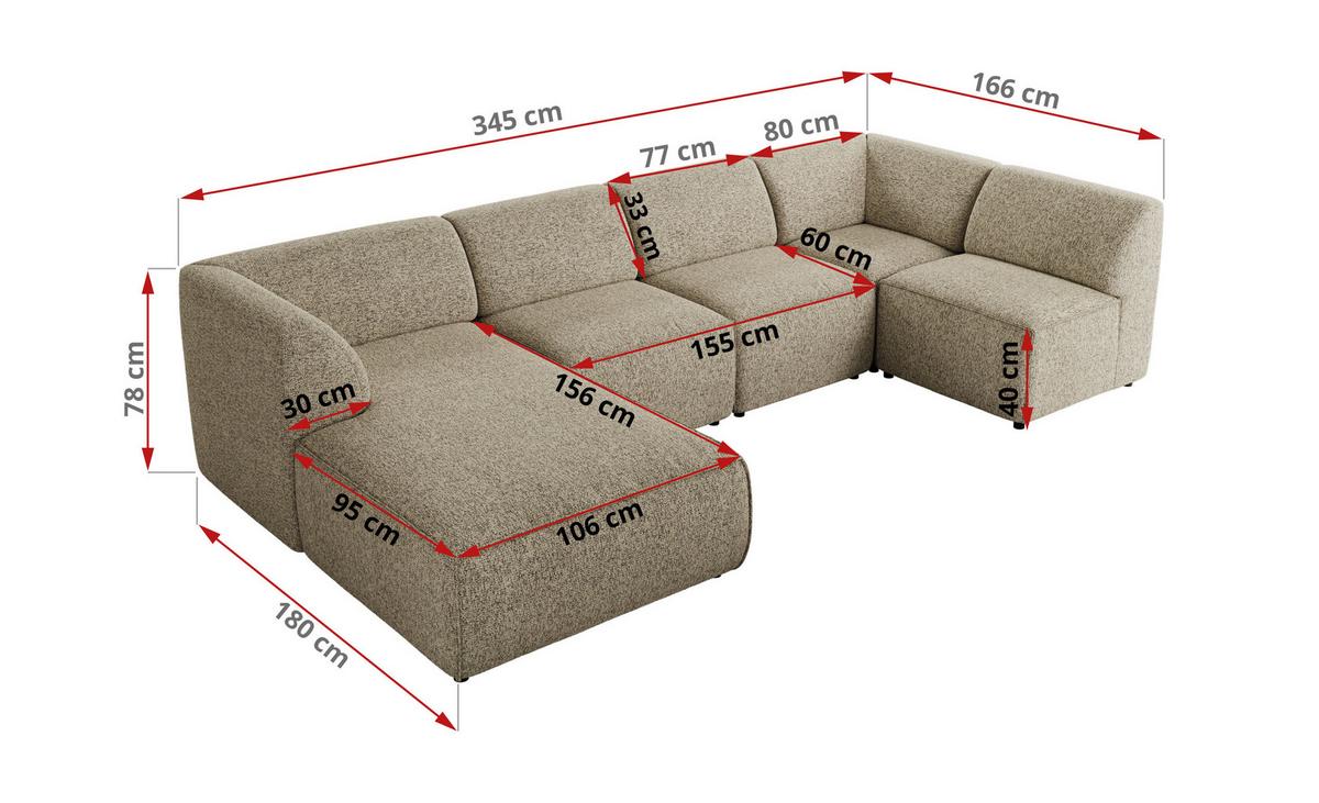WOHNLANDSCHAFT MODARO U 5M - Dunkelbeige Struktur - Rechts - Schwarz/Cappuccino, Textil (345/78/180cm) - MKS
