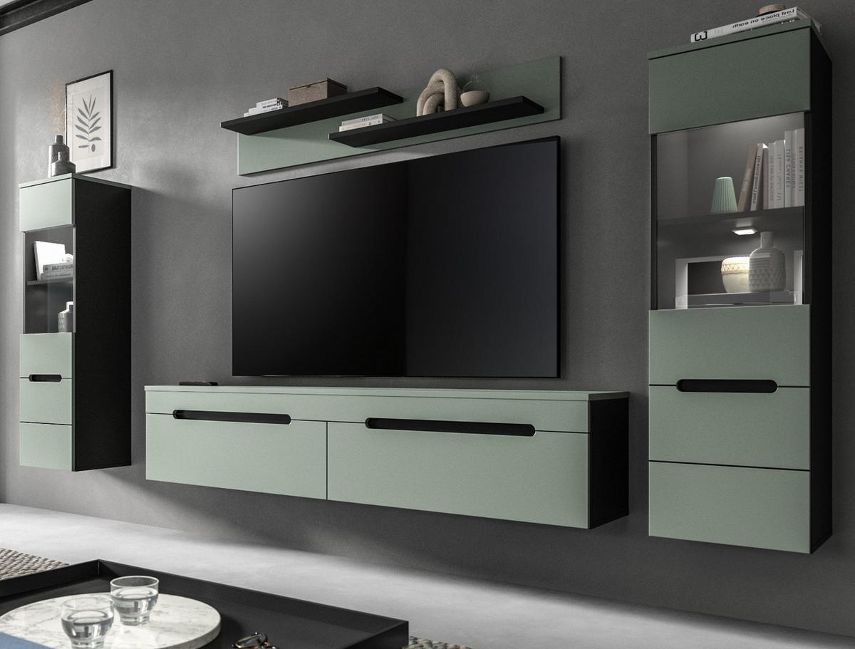 WOHNWAND Salbei Grün und Grau, Schrankwand 270 cm hängend oder stehend, Soft-Close - Salbeigrün/Schwarz, Glas/Holzwerkstoff (272/141/33cm) - Inn.Furn