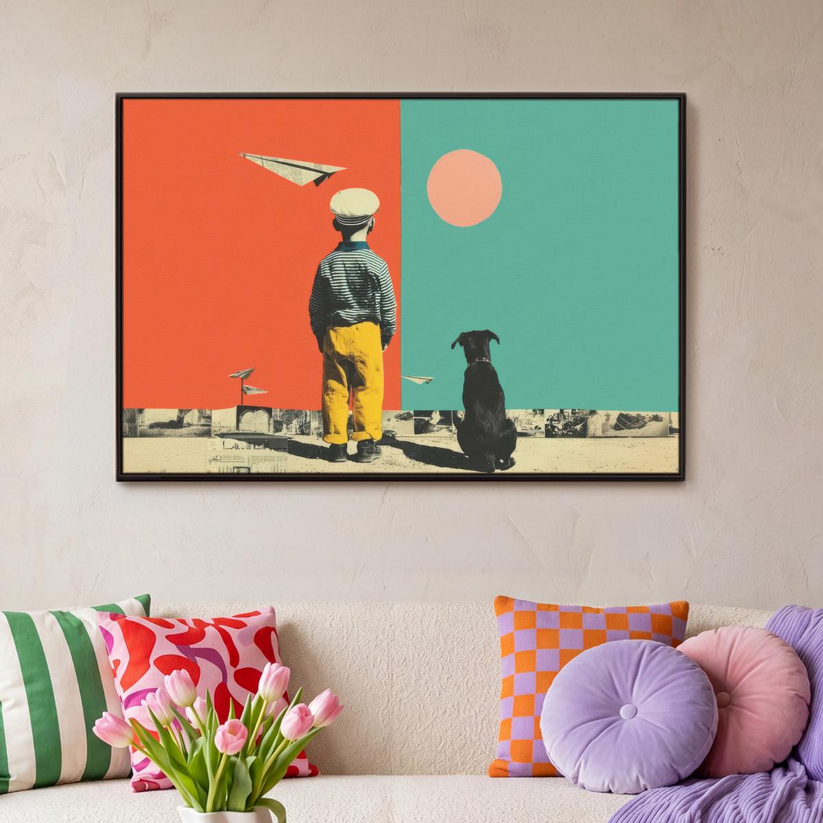 LEINWAND Bilder mit Rahmen - Retro - Junge - Hund - Rot - Grün - 90x60 - Orange, Textil (90/60cm) - MuchoWow