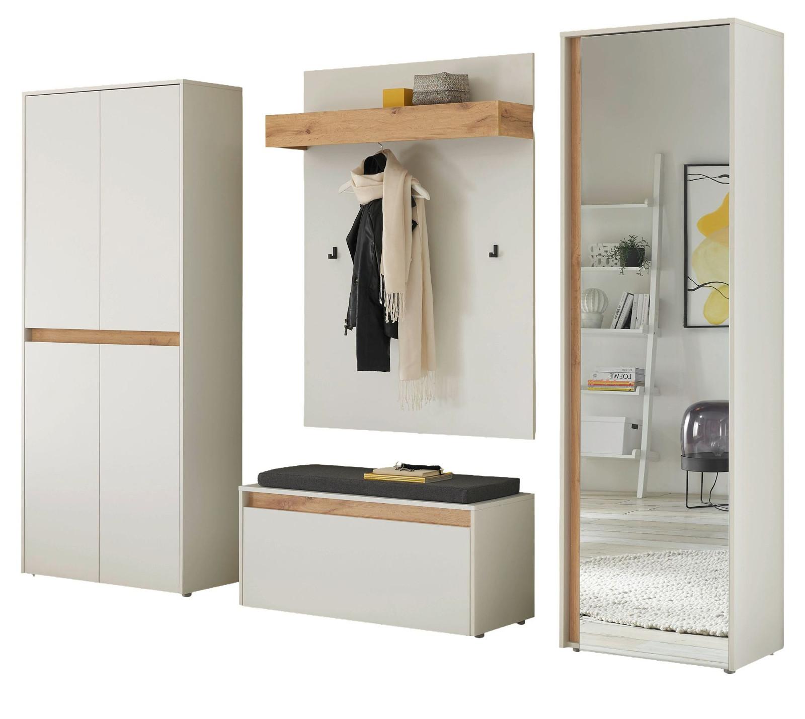 GARDEROBEN-SET weiß matt, Eiche Wotan 5-teilig 265 cm, mit Schuh- und Garderobenschrank - Eiche Wotan/Schwarz, Glas/Holzwerkstoff (265/200/40cm) - Furn.Design