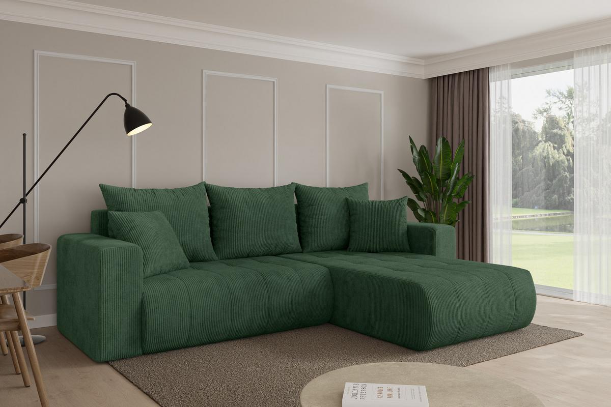 ECKSOFA mit Schlaffunktion Ottomane Rechts MILA-L 277x194x86 Grün Cord - Dunkelgrün/Schwarz, Holzwerkstoff/Kunststoff (277/194cm) - ALTDECOR