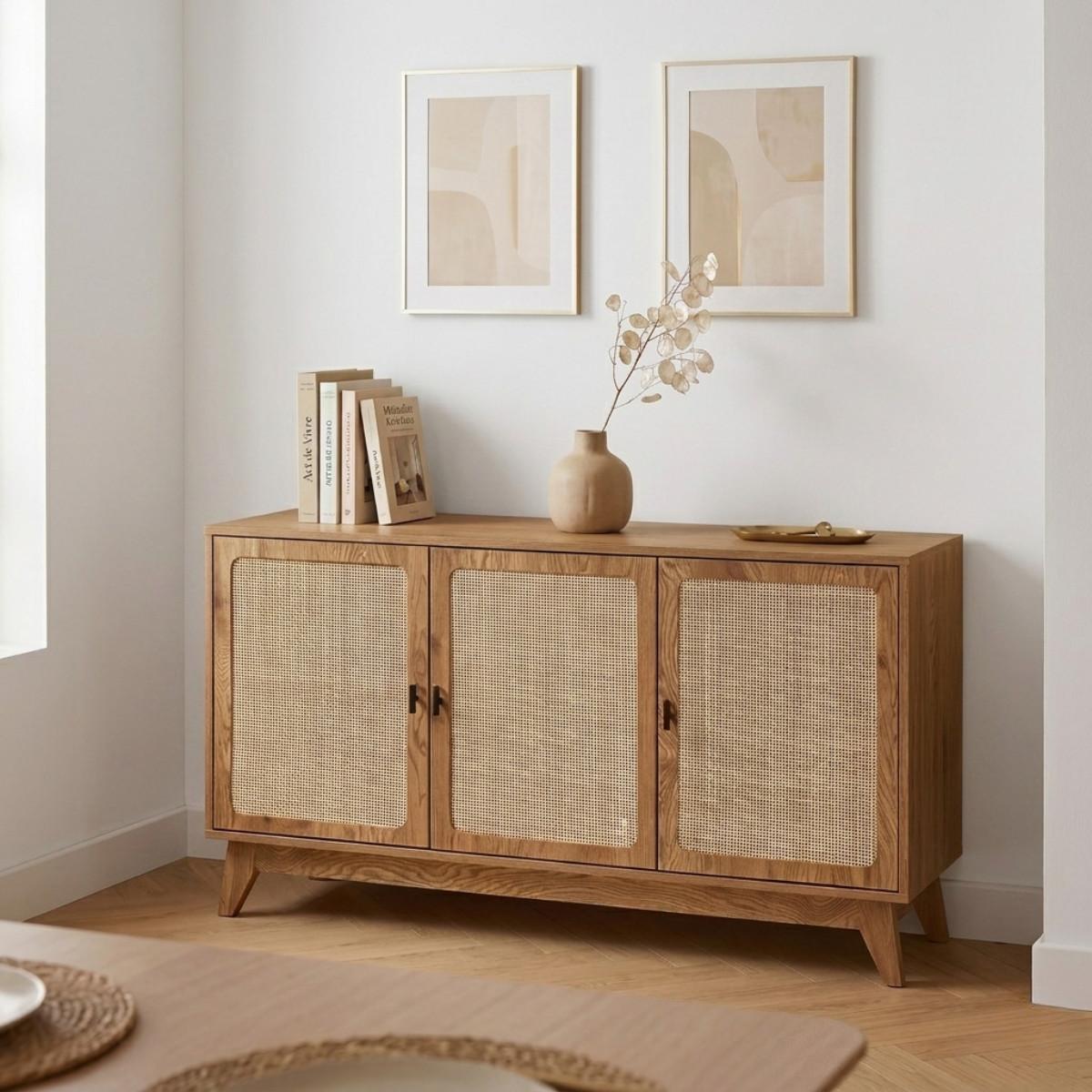 SIDEBOARD 3 Türen mit Naturgeflecht-Front B120 cm - ALIA - Eschefarben, Holzwerkstoff (40/72/46cm) - Calicosy